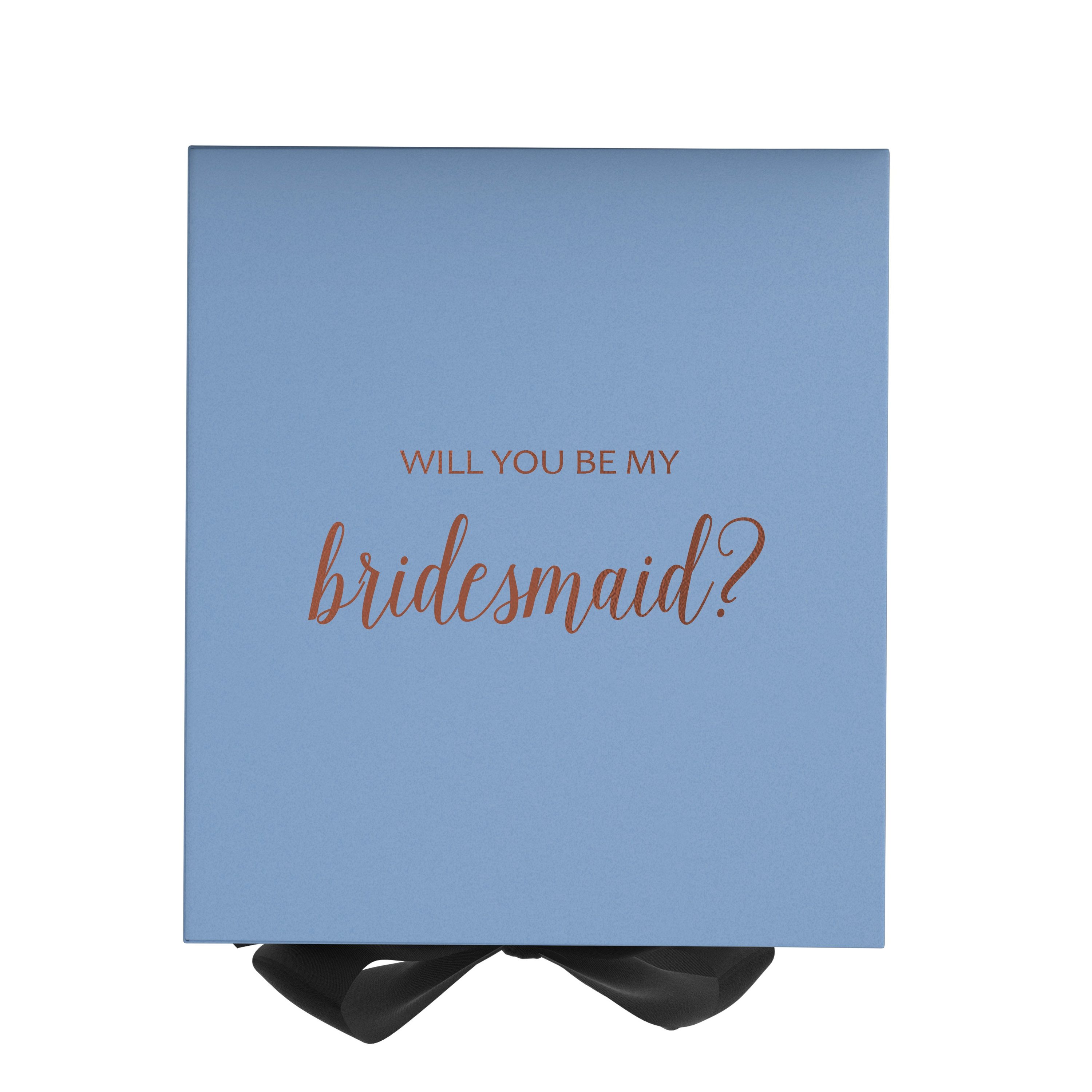 Light blue bridesmaid proposal box with black bow, featuring metallic writing on the lid, showcasing its elegant design.