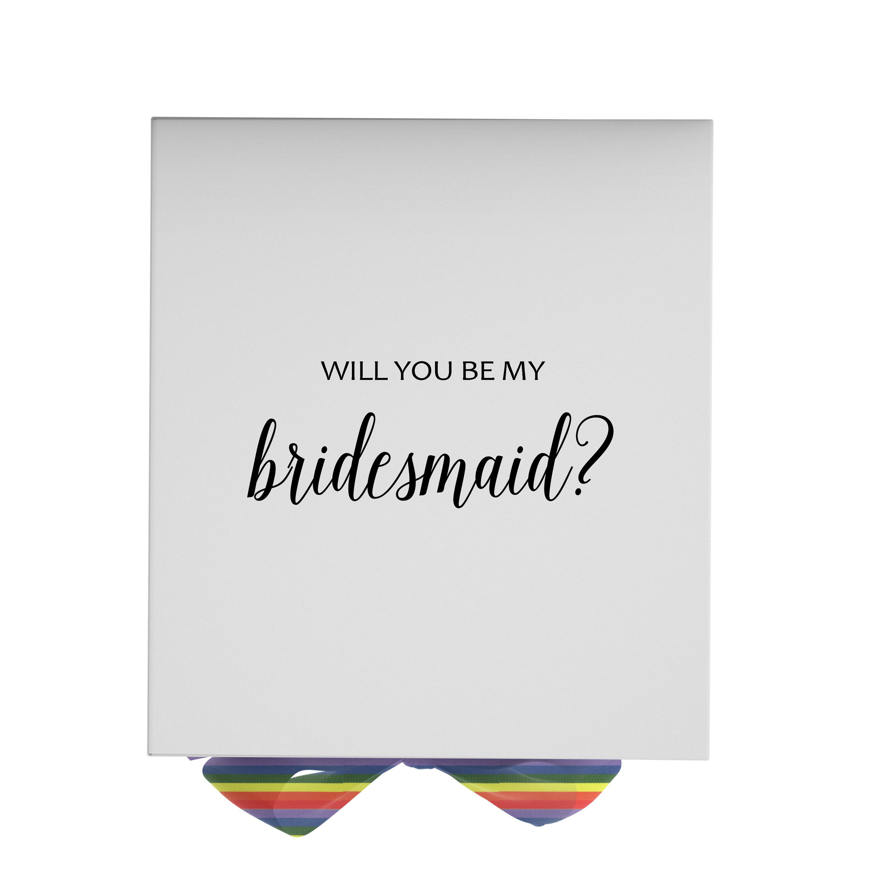 Elegant white bridesmaid proposal box with metallic writing and a colorful rainbow bow, showcasing its luxurious design.