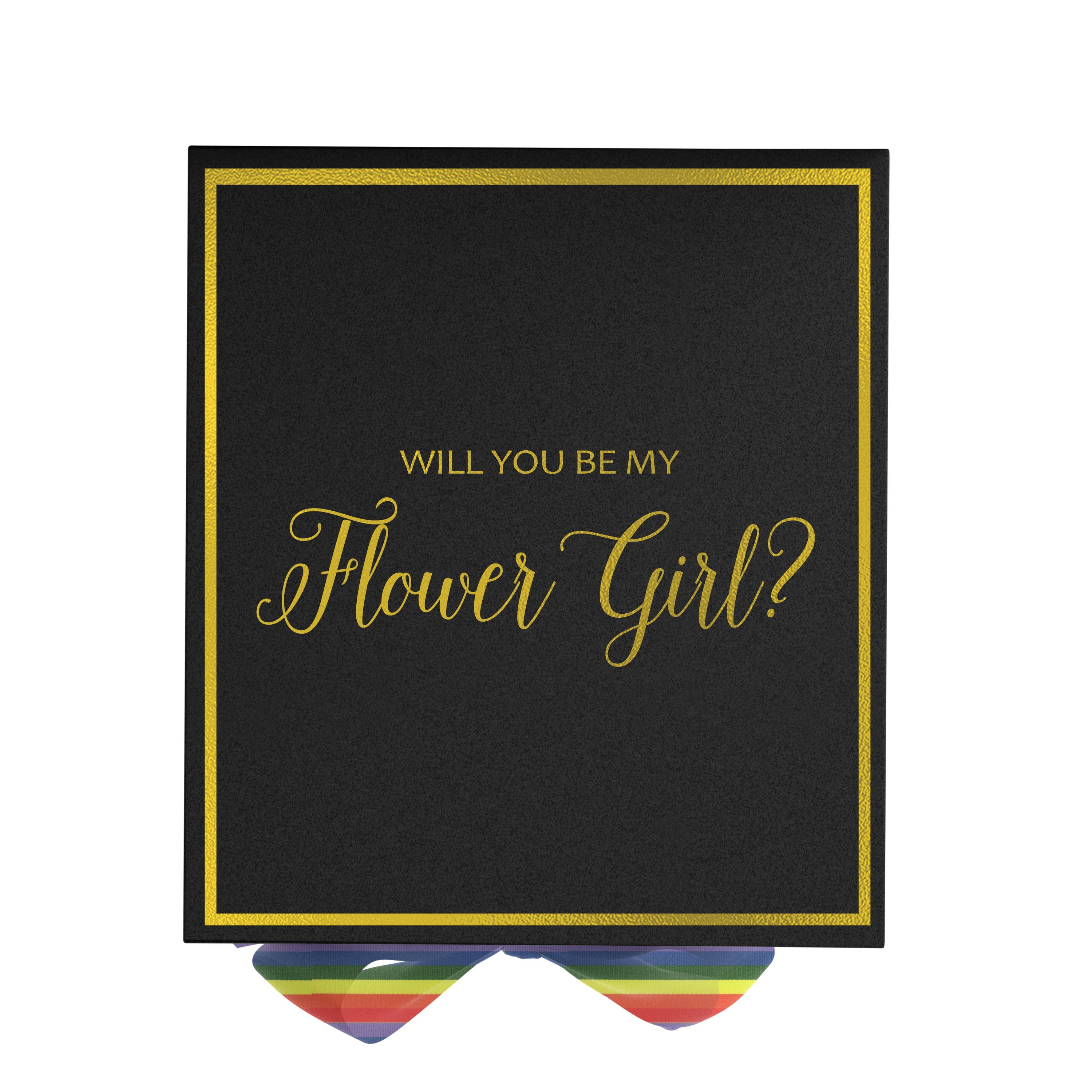 Elegant black proposal box with metallic writing and rainbow bow, perfect for flower girl proposals.