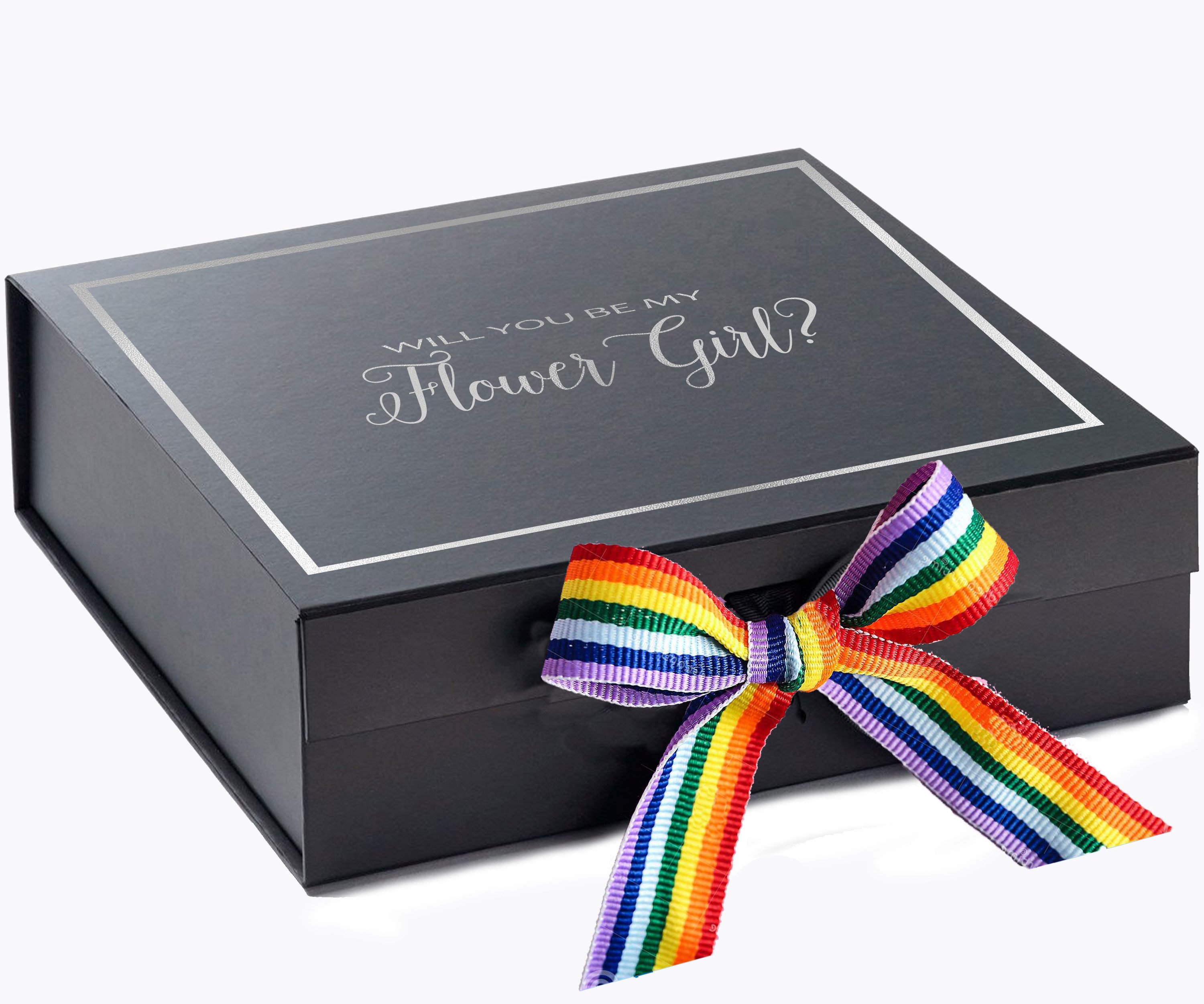 Elegant black proposal box with metallic writing and rainbow bow, perfect for flower girl proposals.