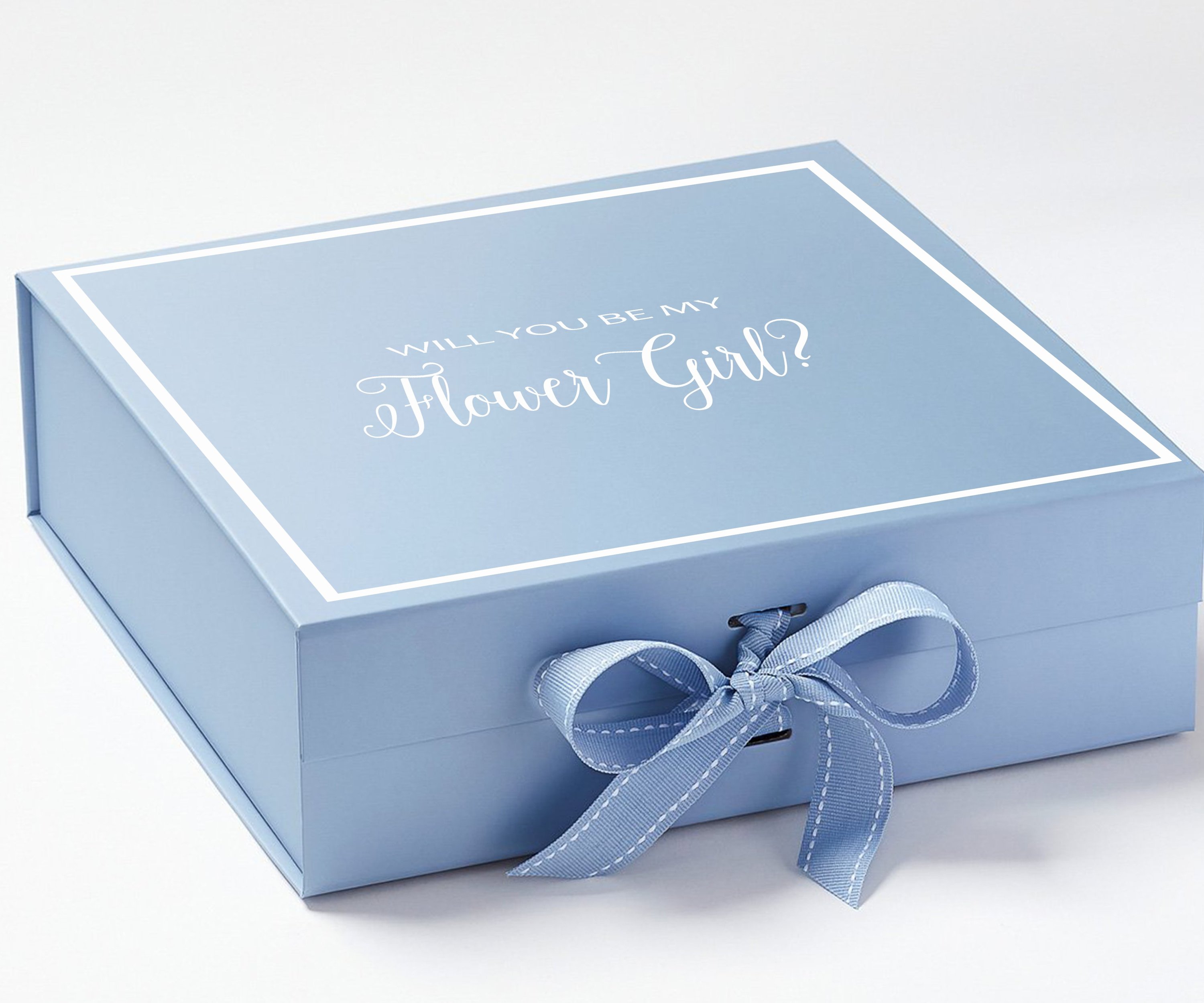Light blue proposal box with metallic writing and bow, perfect for asking a flower girl.