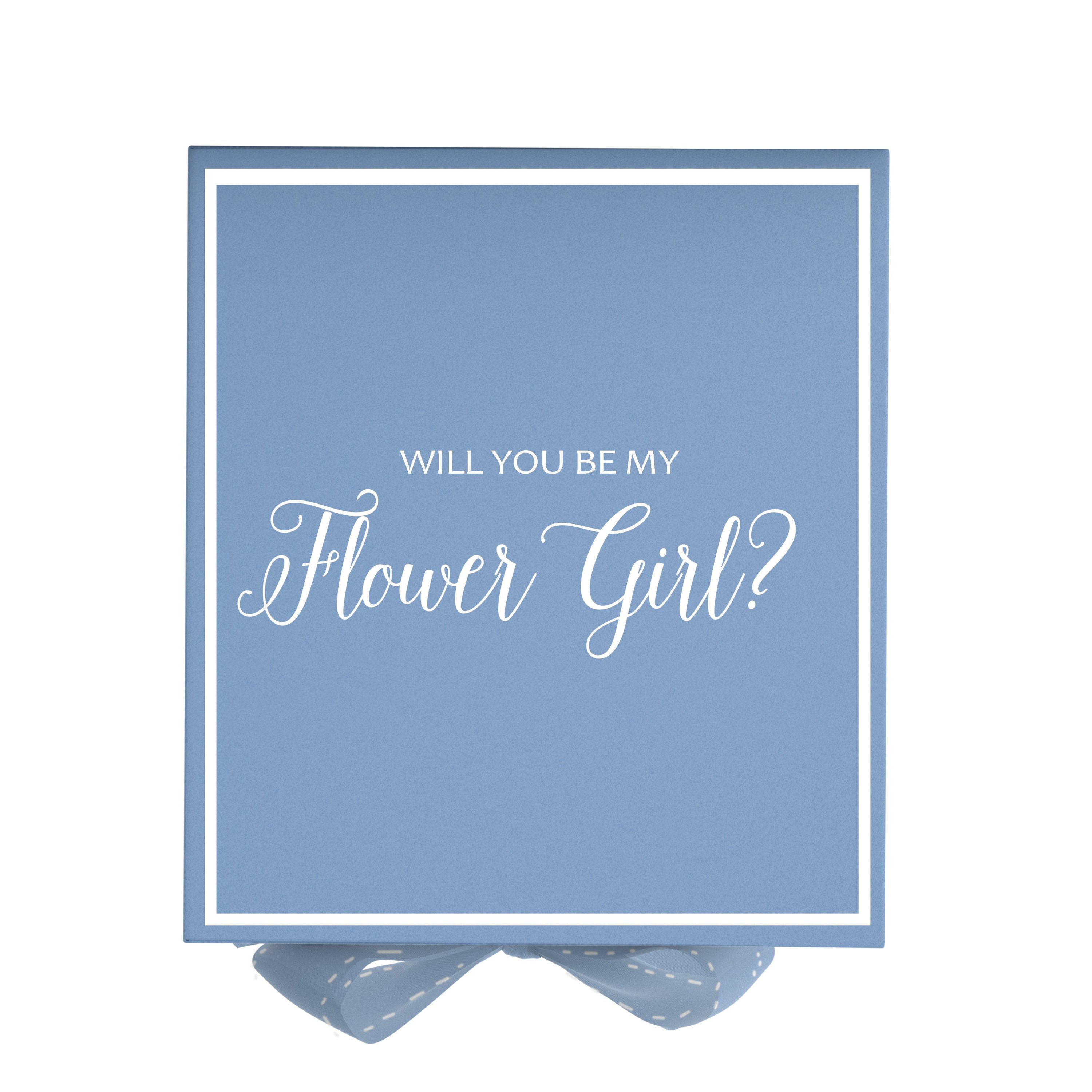 Light blue proposal box with metallic writing and bow, perfect for asking a flower girl.