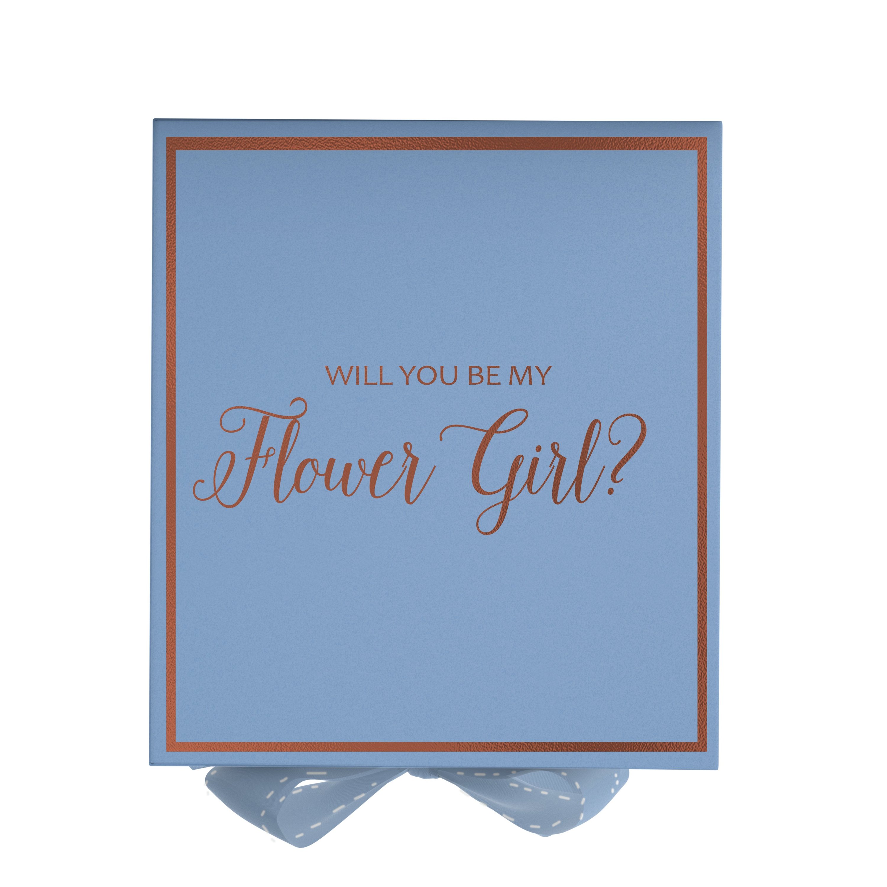 Light blue proposal box with metallic writing and bow, perfect for asking a flower girl.