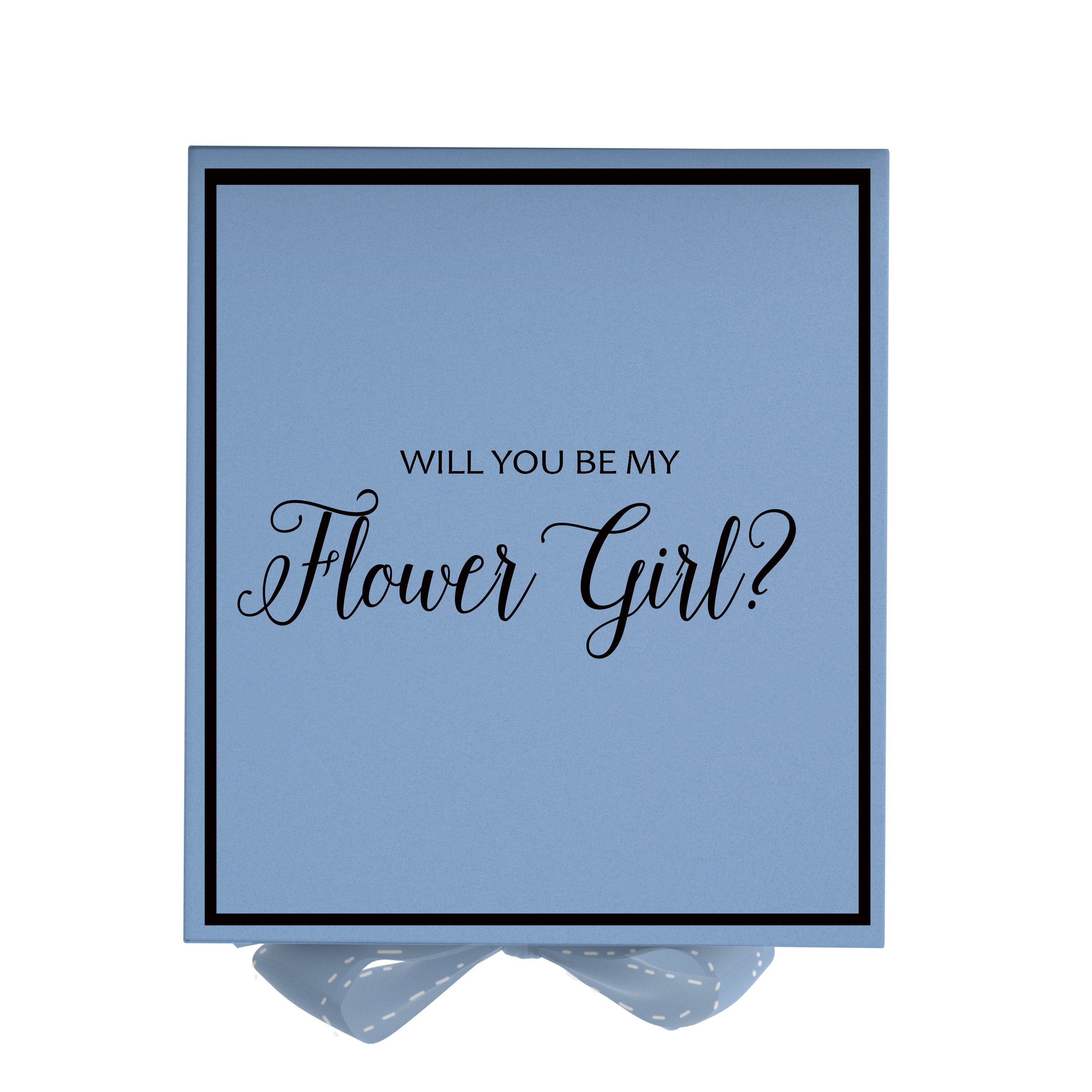 Light blue proposal box with metallic writing and bow, perfect for asking a flower girl.