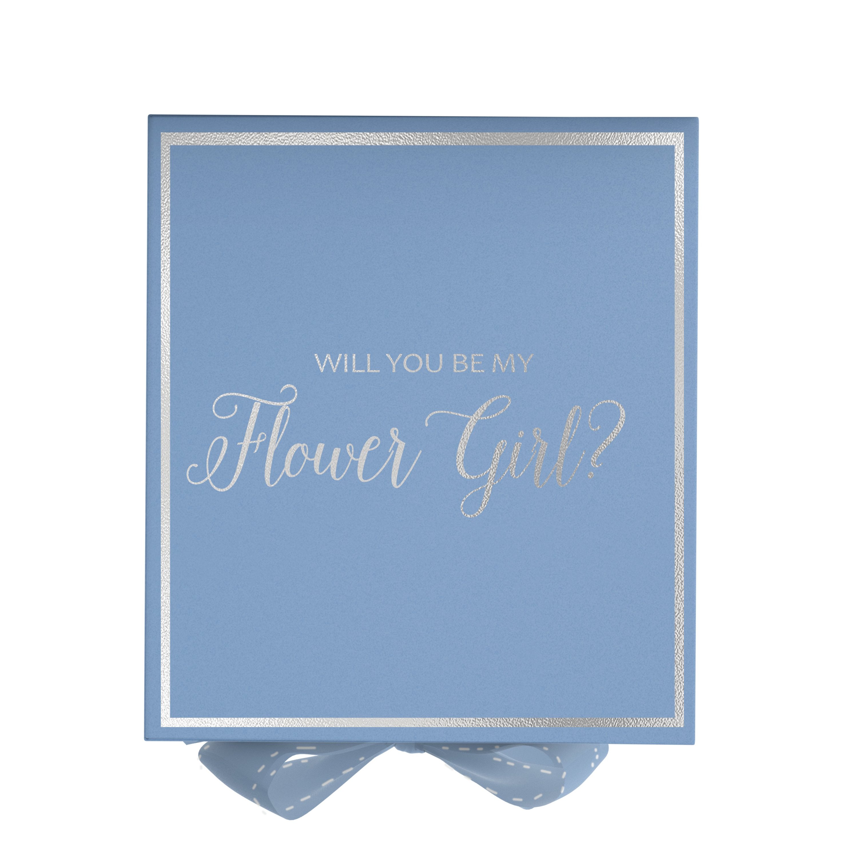Light blue proposal box with metallic writing and bow, perfect for asking a flower girl.