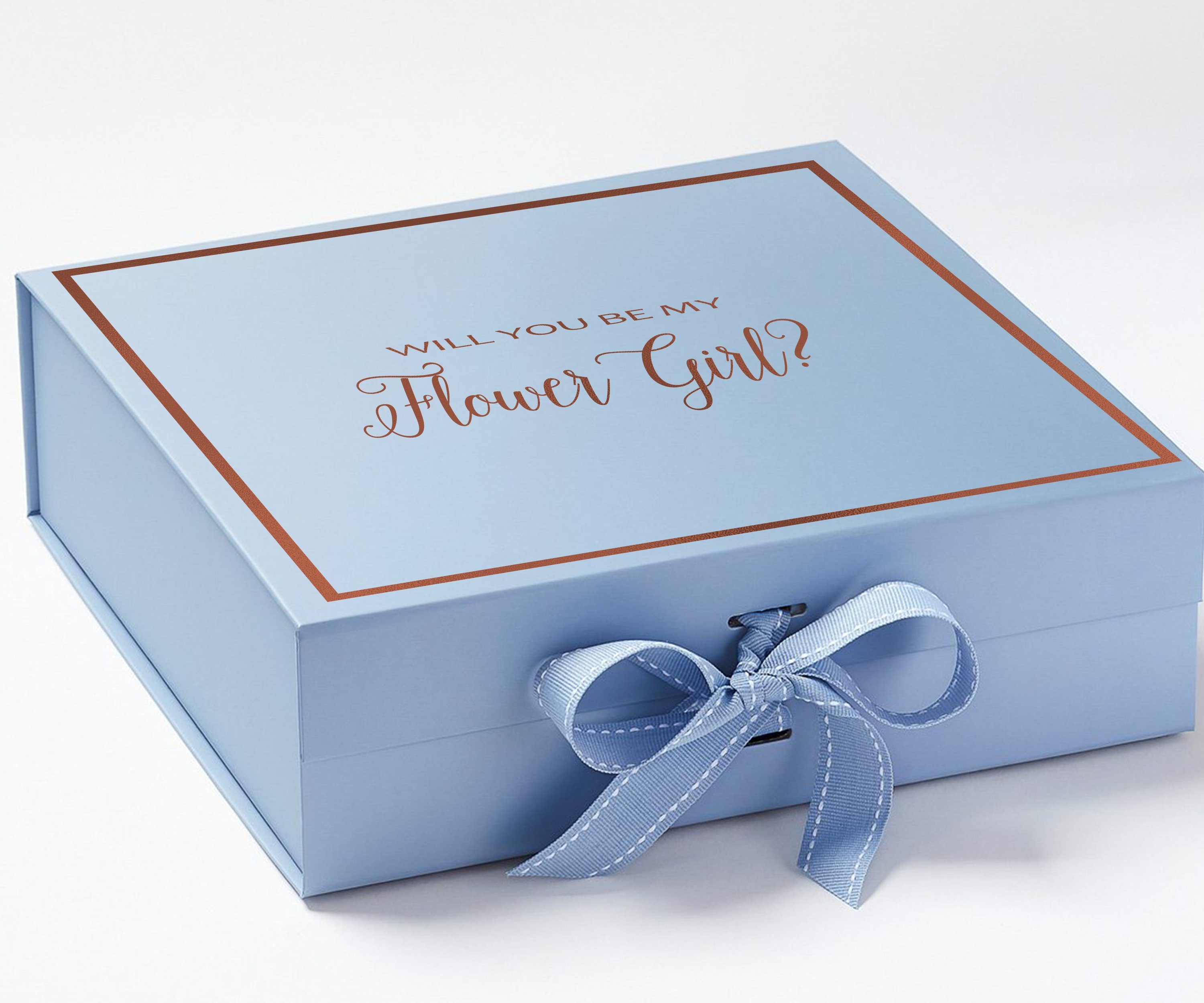 Light blue proposal box with metallic writing and bow, perfect for asking a flower girl.