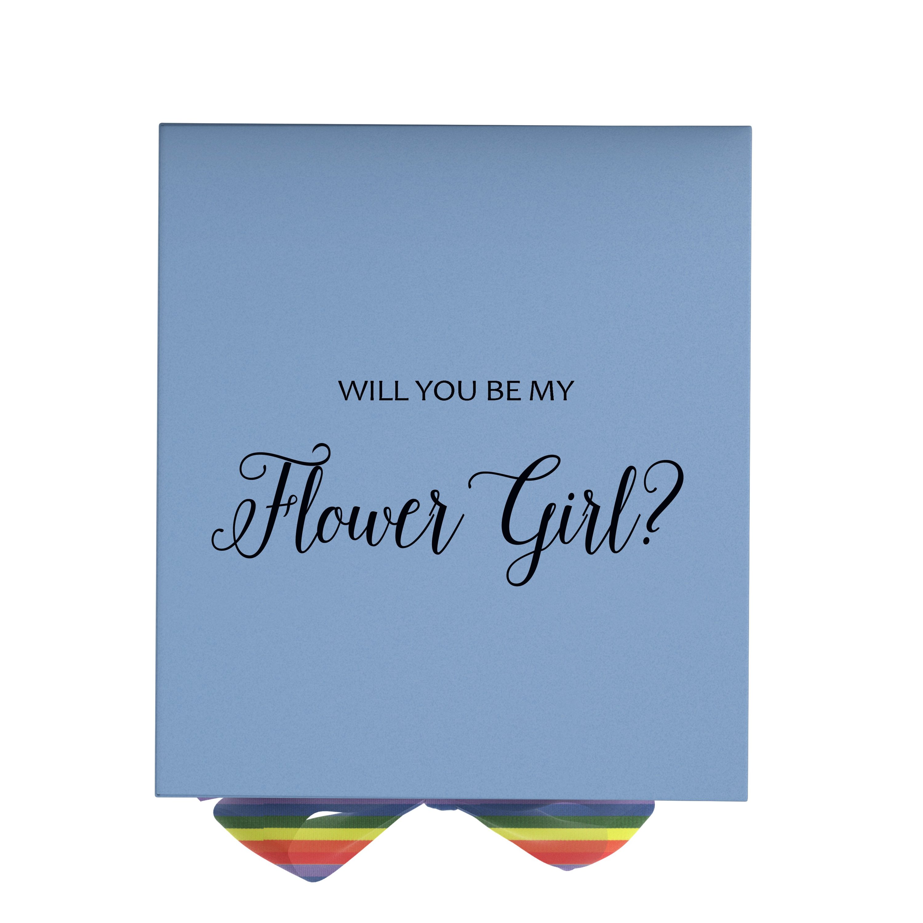 Light blue proposal box with metallic writing and rainbow bow, perfect for asking a flower girl.