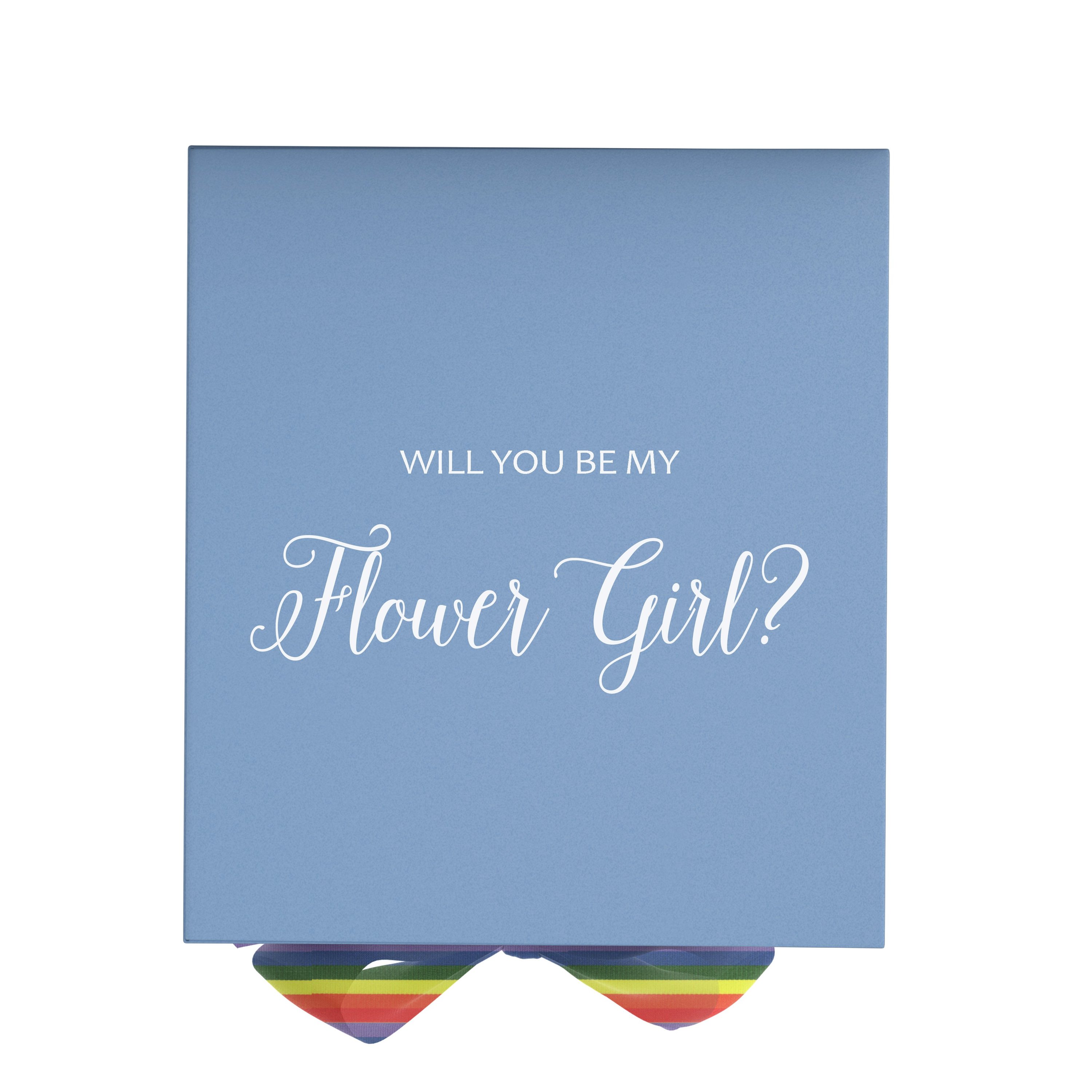 Light blue proposal box with metallic writing and rainbow bow, perfect for asking a flower girl.