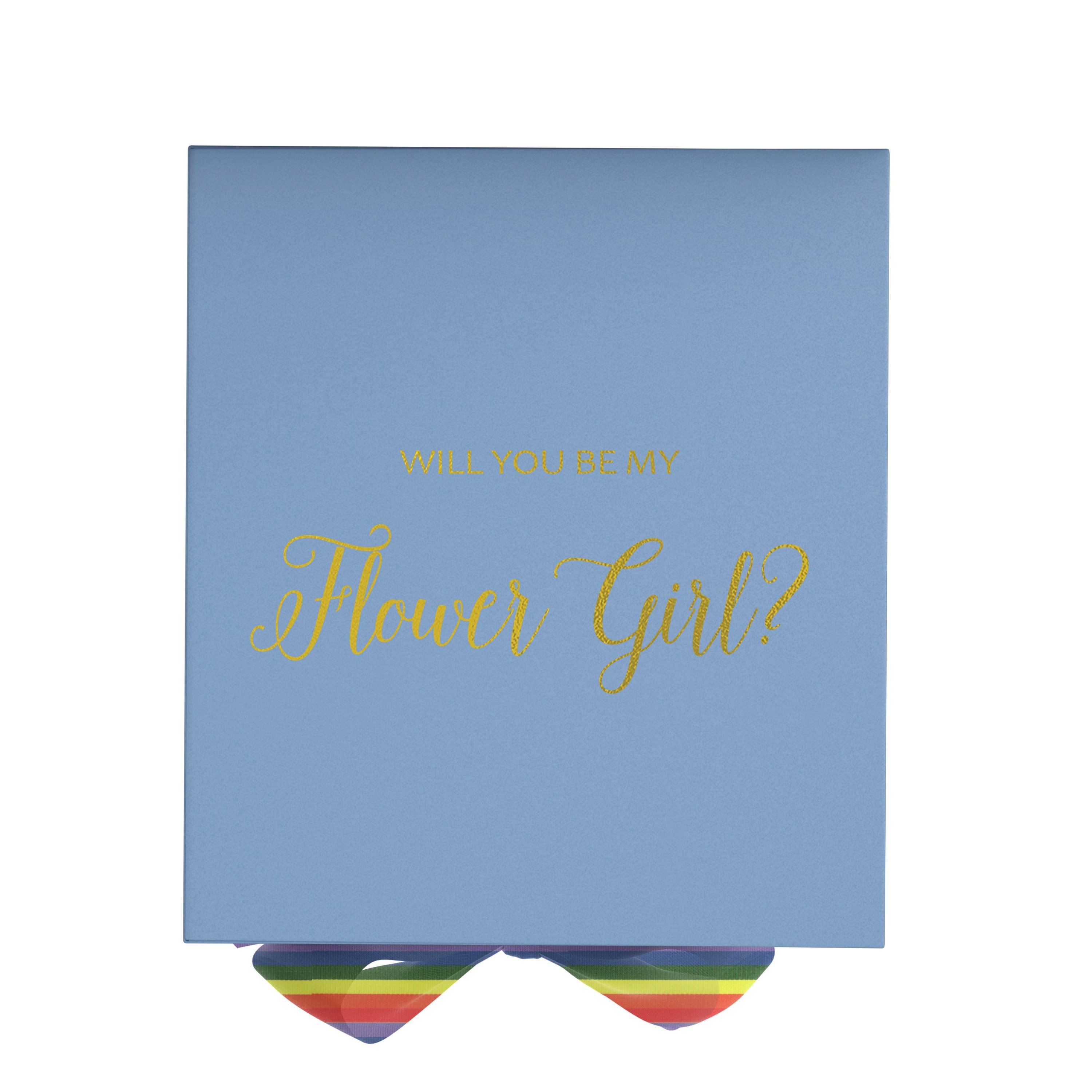 Light blue proposal box with metallic writing and rainbow bow, perfect for asking a flower girl.