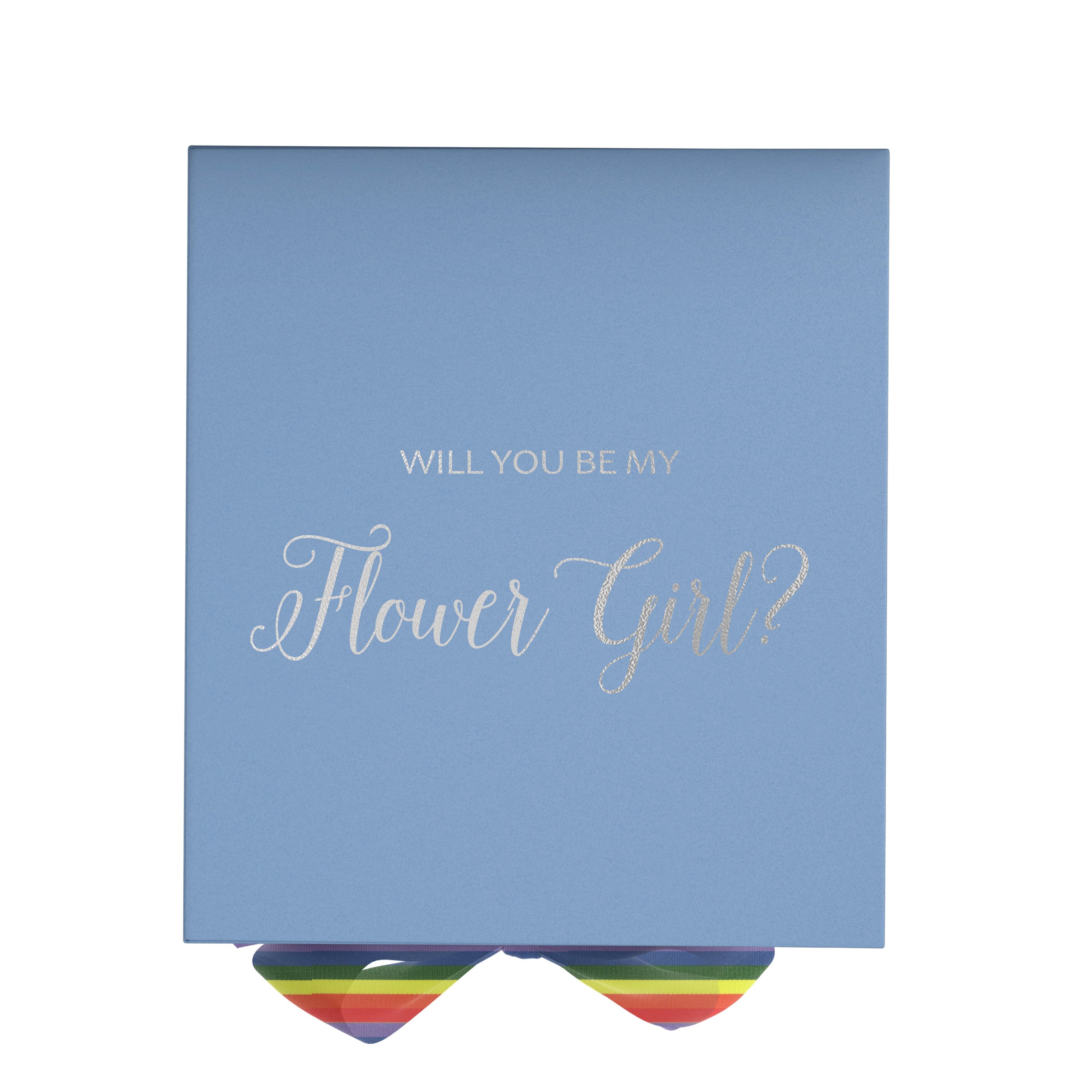 Light blue proposal box with metallic writing and rainbow bow, perfect for asking a flower girl.