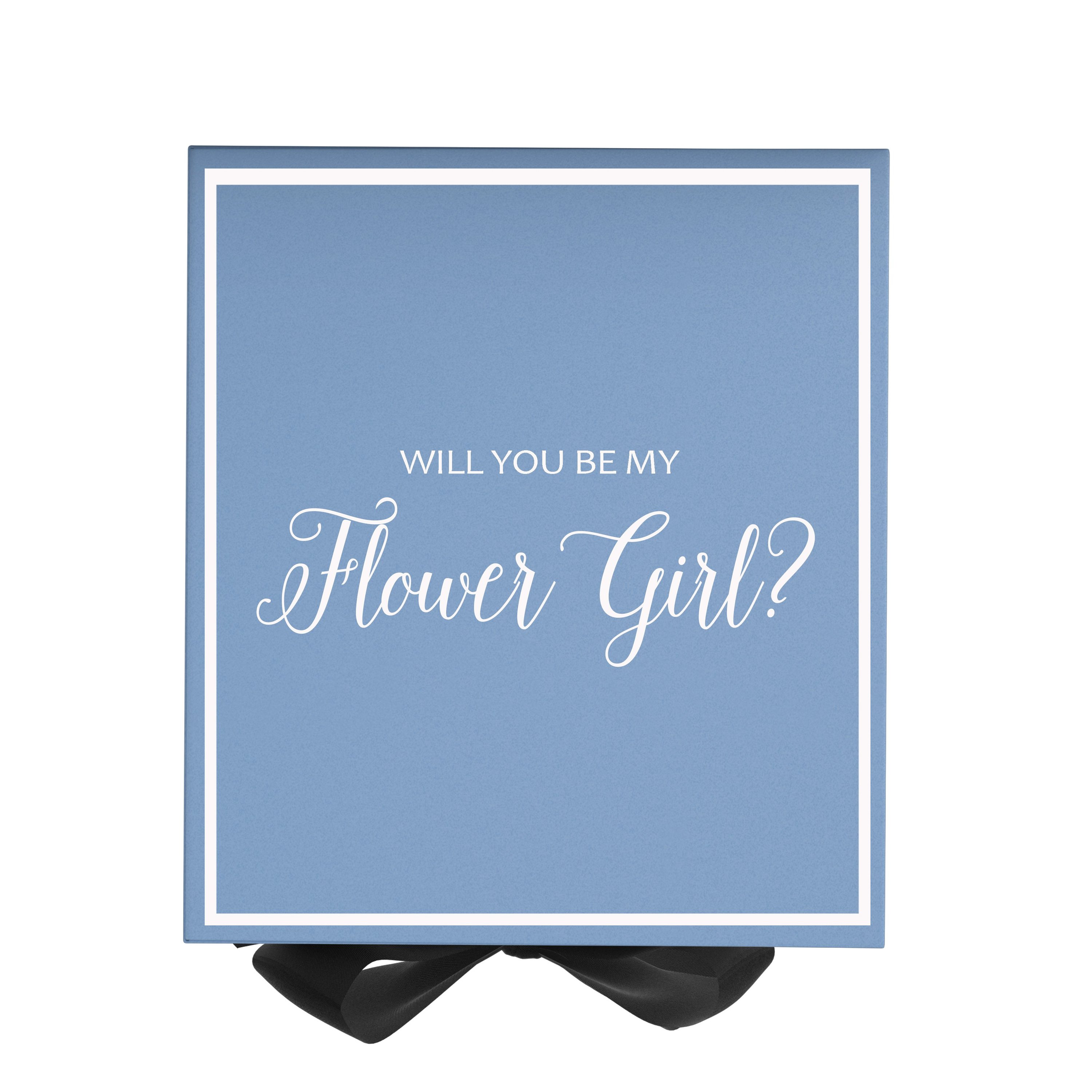 Light blue proposal box with black bow and metallic writing, perfect for flower girl proposals.