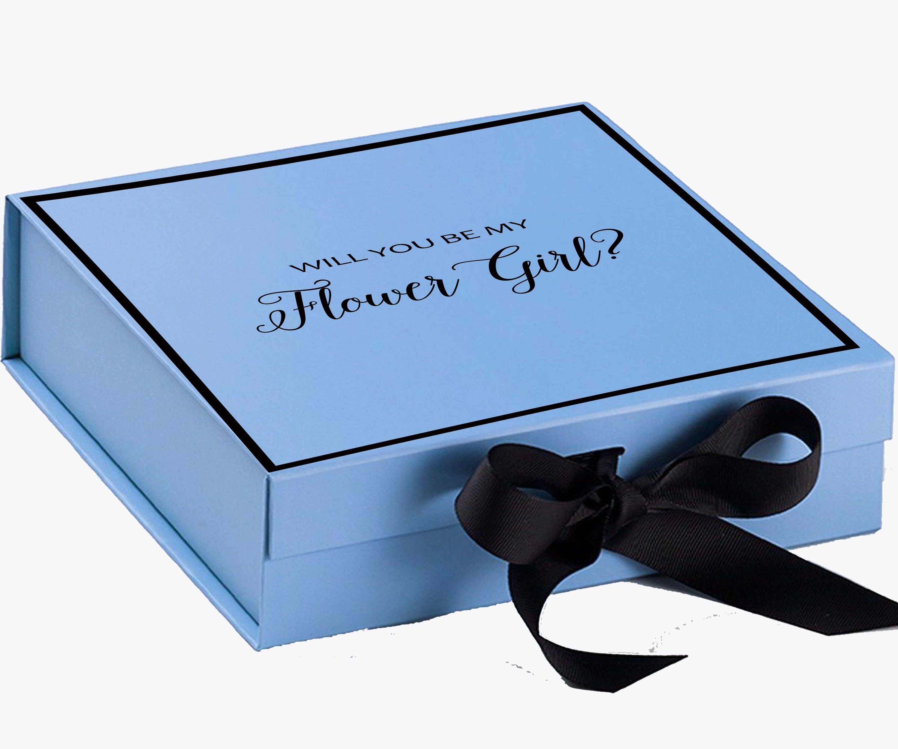 Light blue proposal box with black bow and metallic writing, perfect for flower girl proposals.