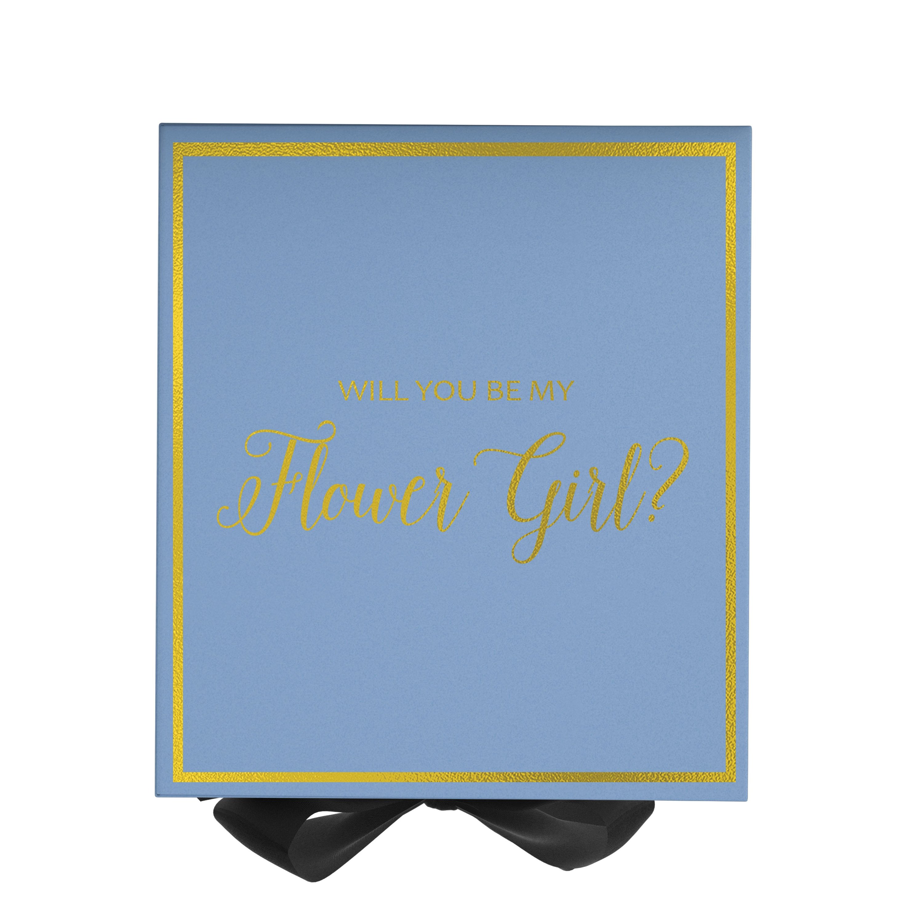 Light blue proposal box with black bow and metallic writing, perfect for flower girl proposals.