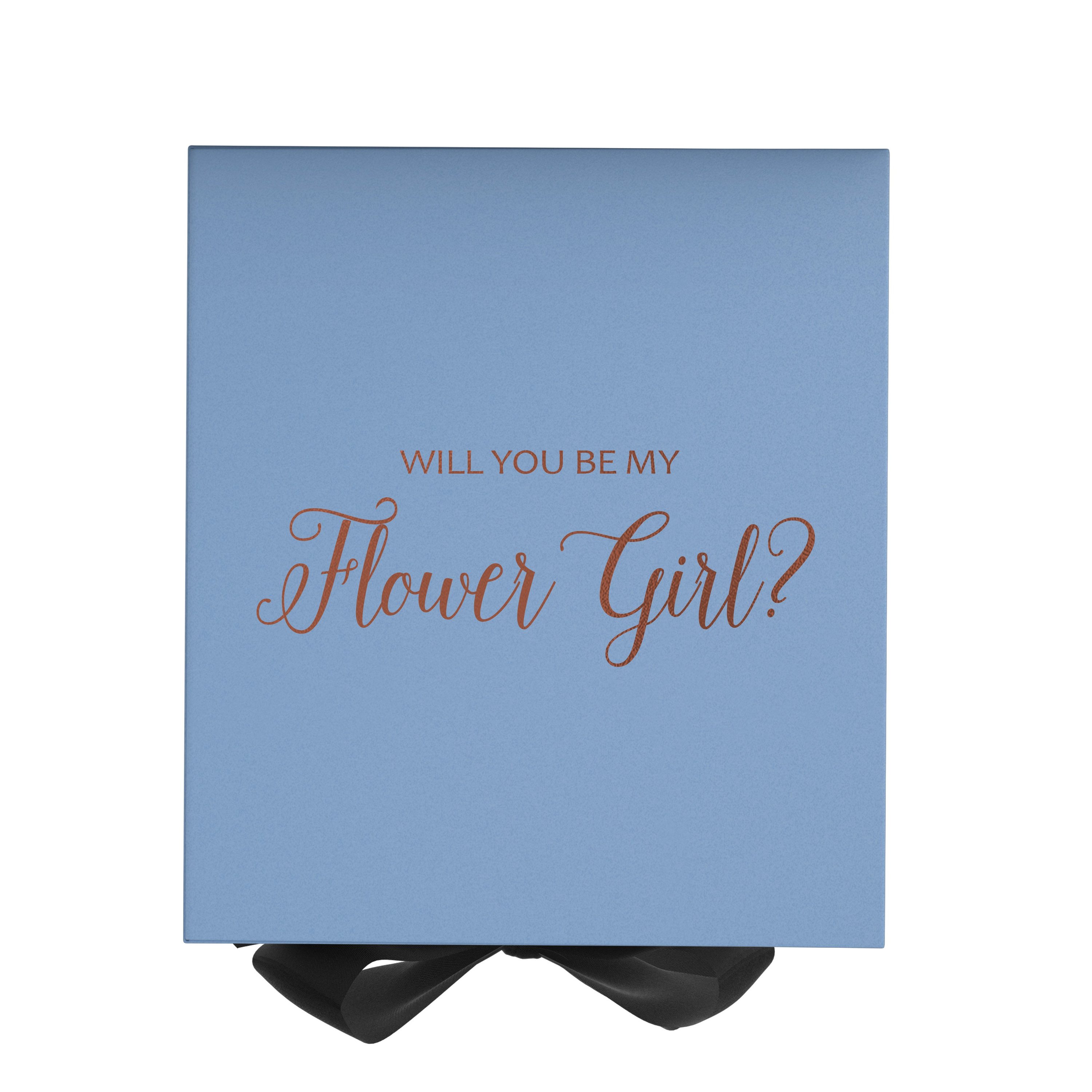 Light blue proposal box with black bow and metallic writing, perfect for flower girl proposals.