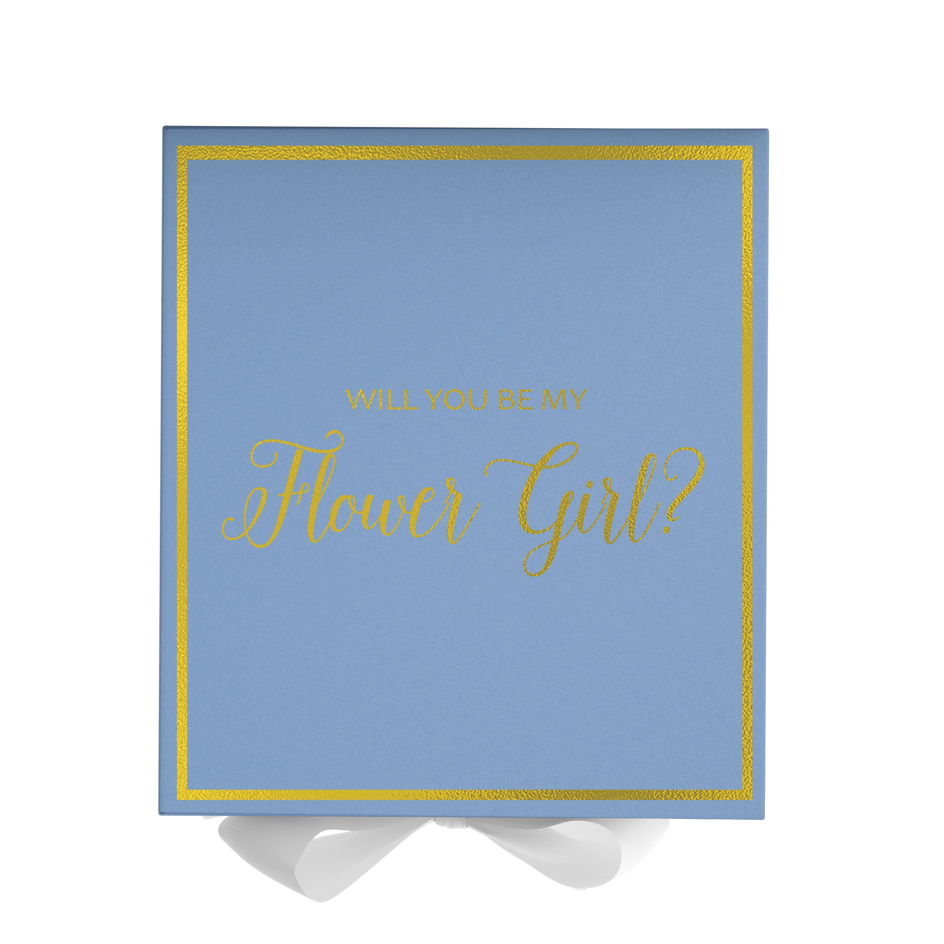 Light blue proposal box with white bow and metallic writing, perfect for flower girl proposals.