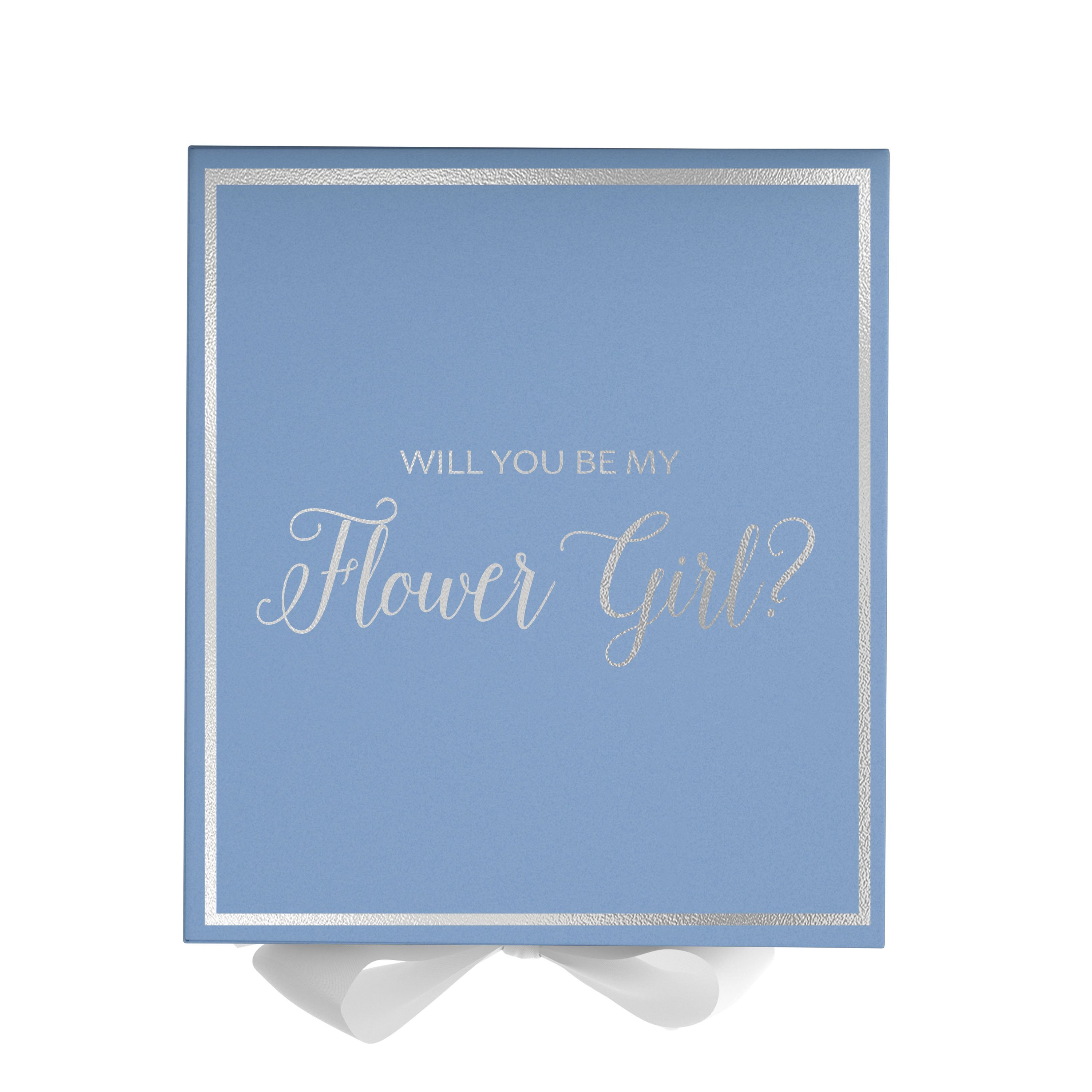 Light blue proposal box with white bow and metallic writing, perfect for flower girl proposals.