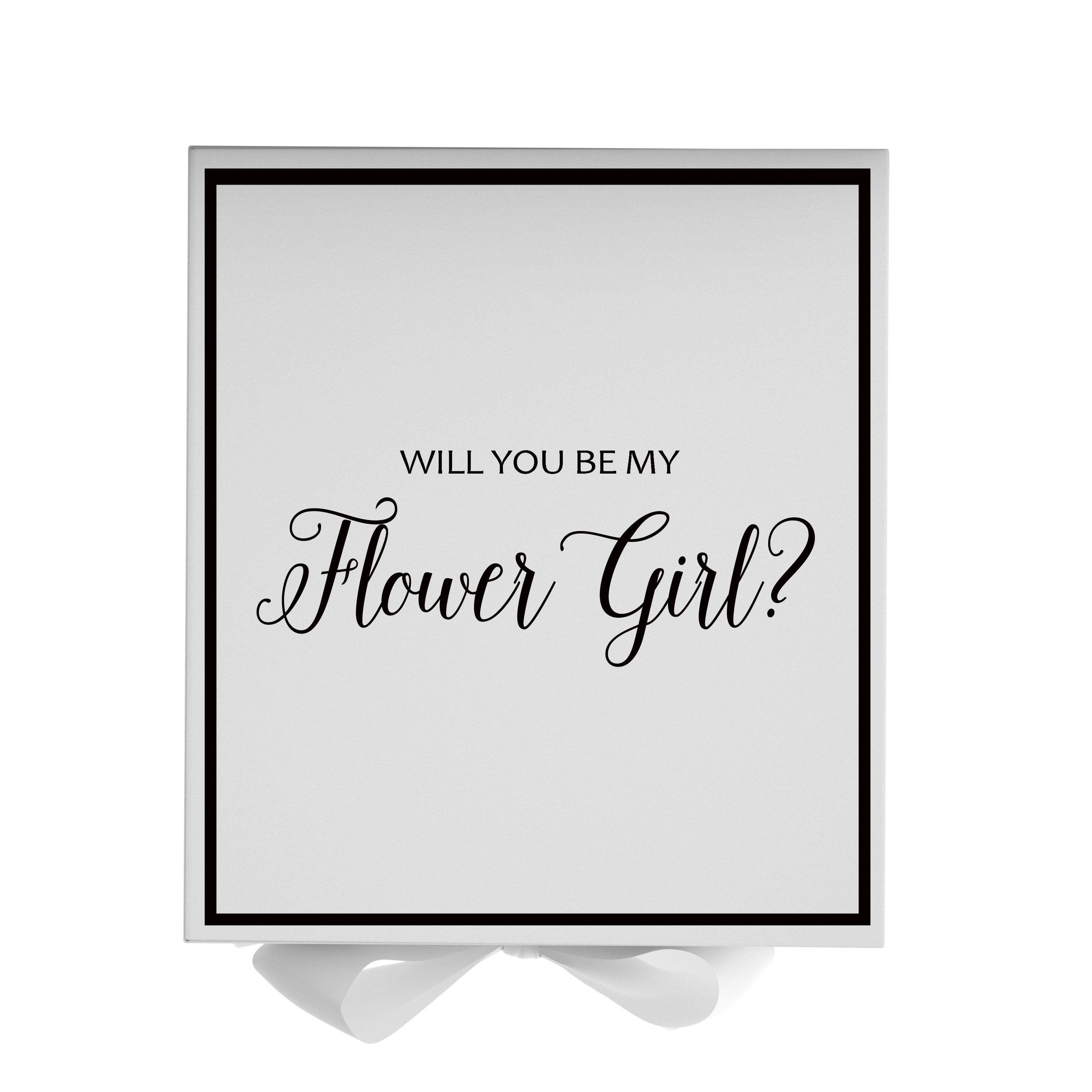 Elegant white proposal box with metallic writing and a bow, perfect for asking a flower girl.
