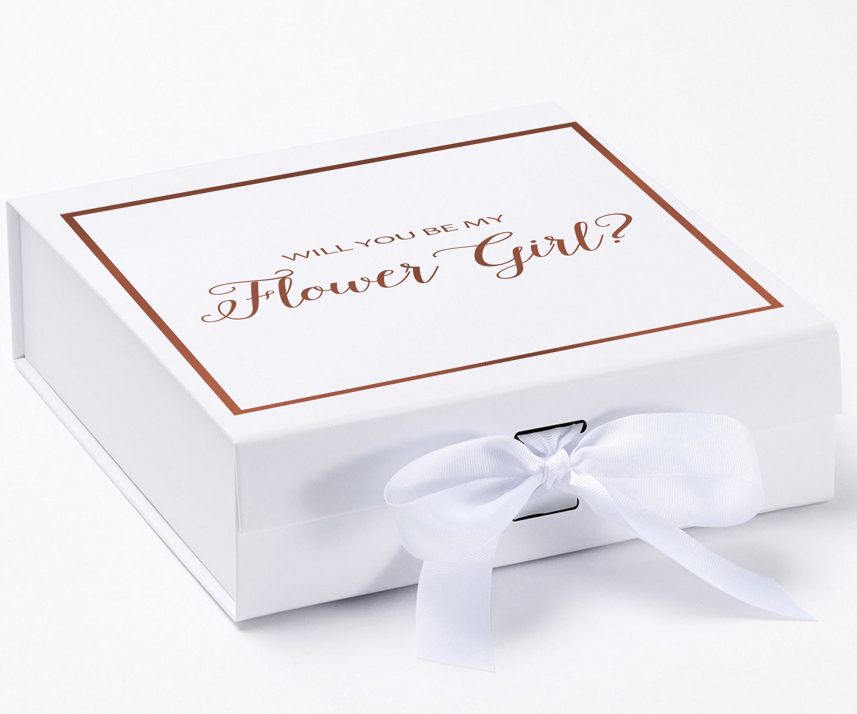 Elegant white proposal box with metallic writing and a bow, perfect for asking a flower girl.