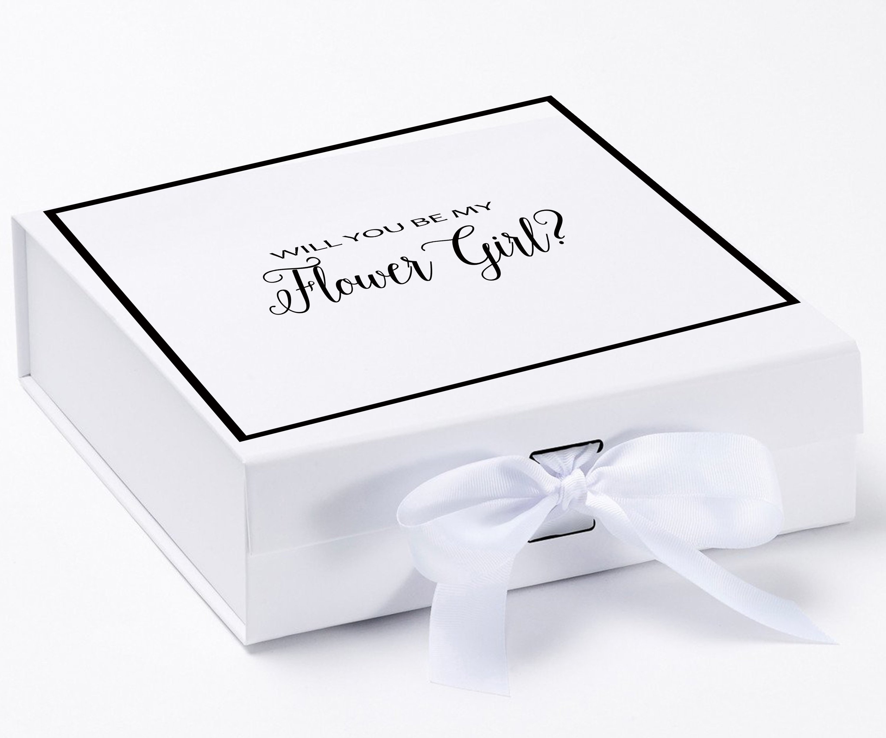 Elegant white proposal box with metallic writing and a bow, perfect for asking a flower girl.