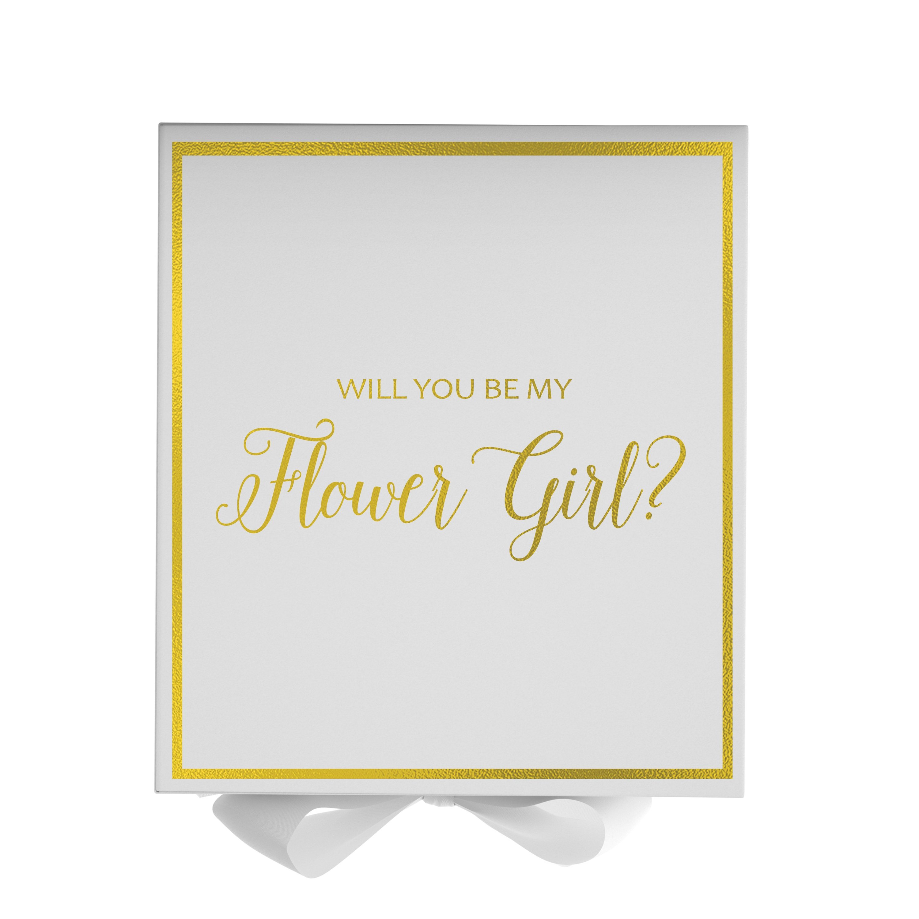 Elegant white proposal box with metallic writing and a bow, perfect for asking a flower girl.