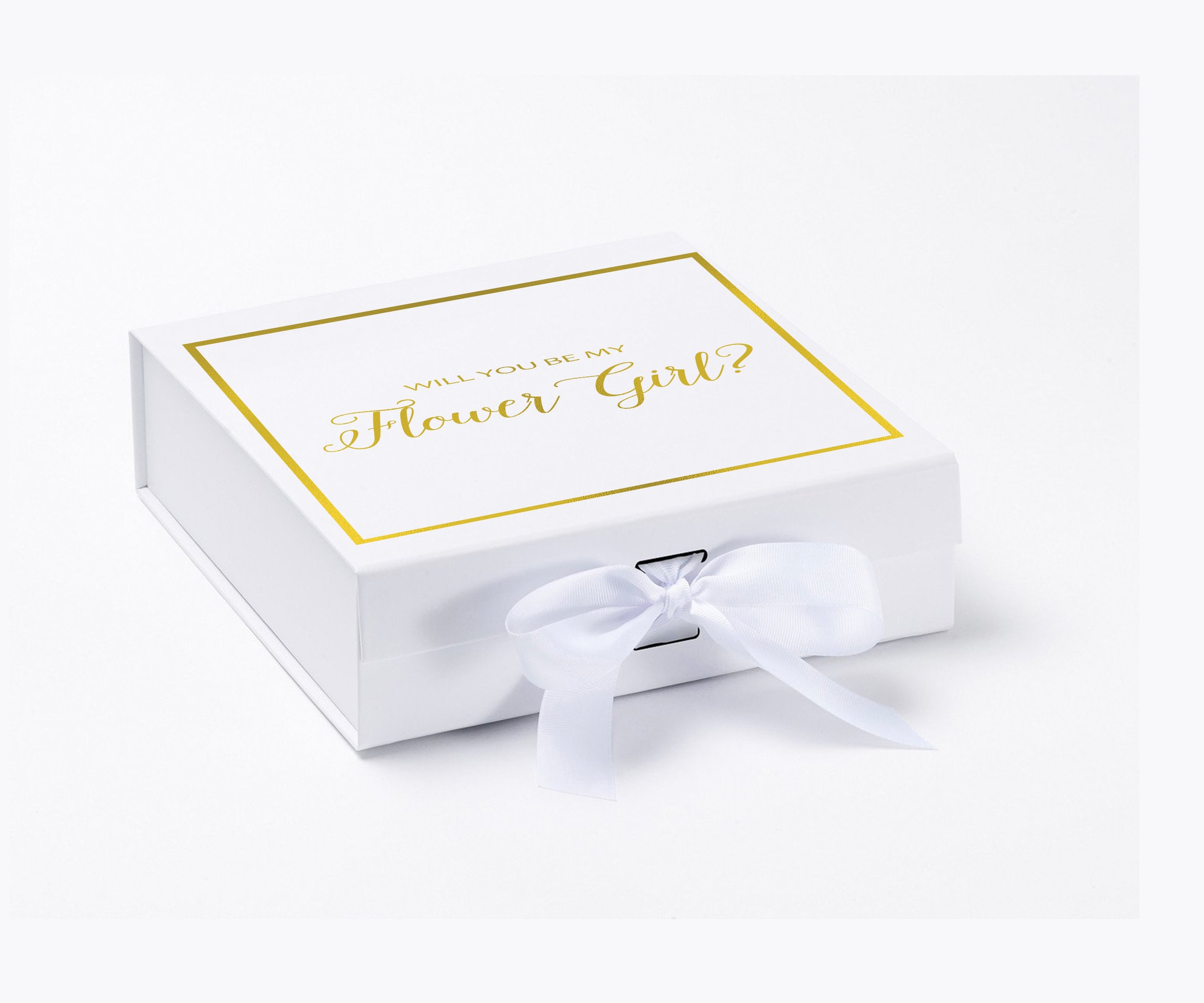 Elegant white proposal box with metallic writing and a bow, perfect for asking a flower girl.