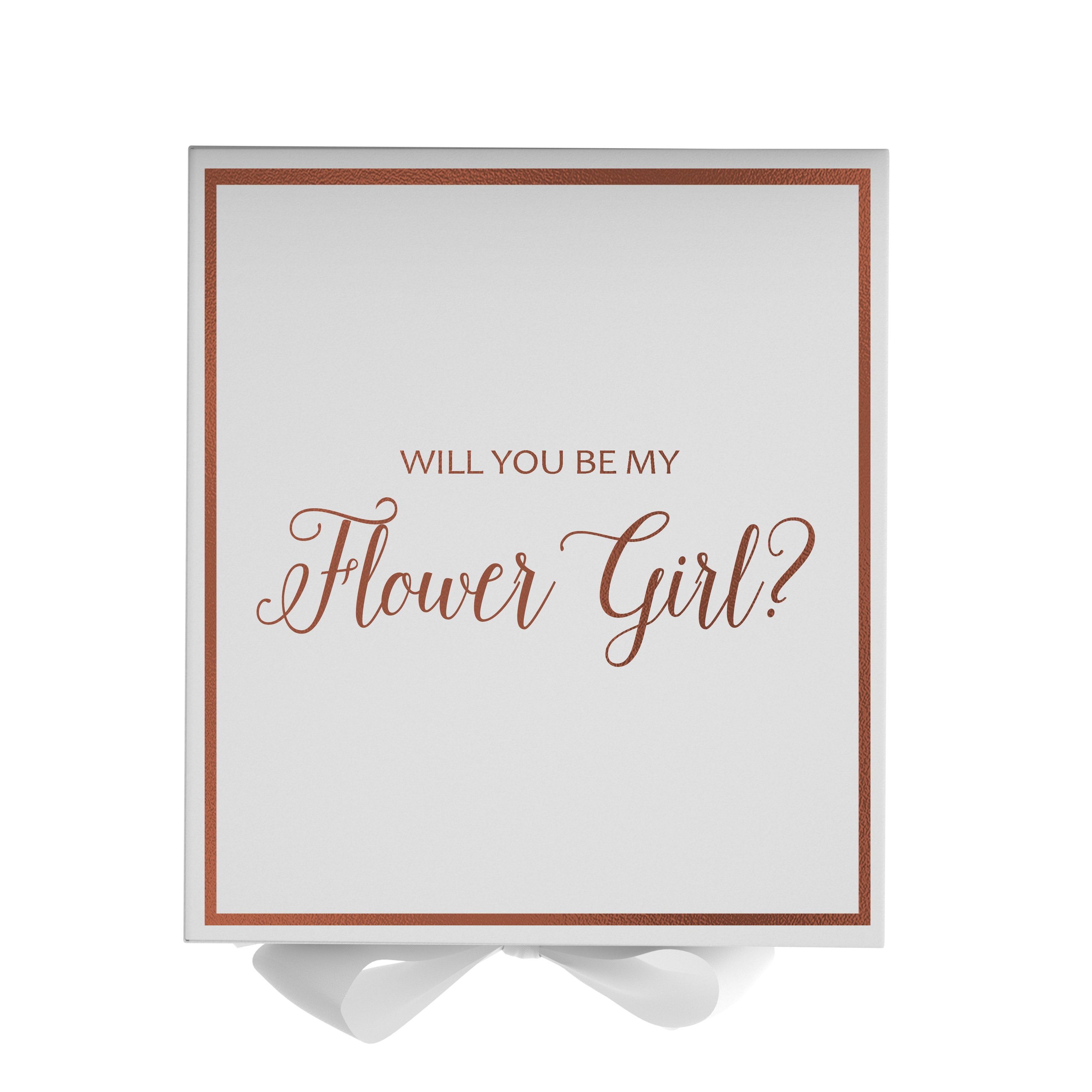 Elegant white proposal box with metallic writing and a bow, perfect for asking a flower girl.