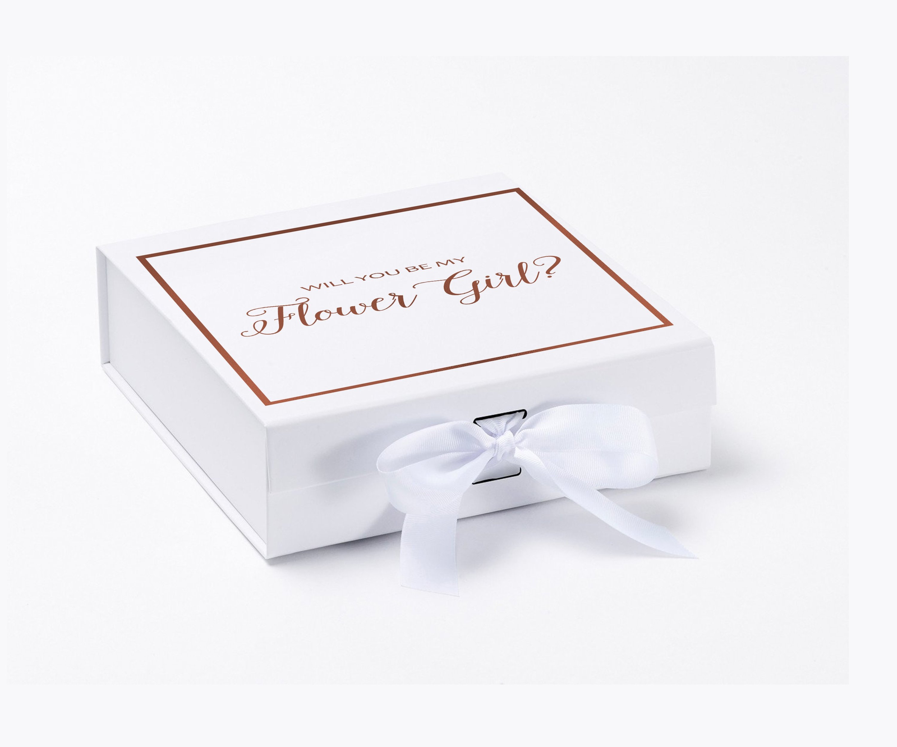 Elegant white proposal box with metallic writing and a bow, perfect for asking a flower girl.