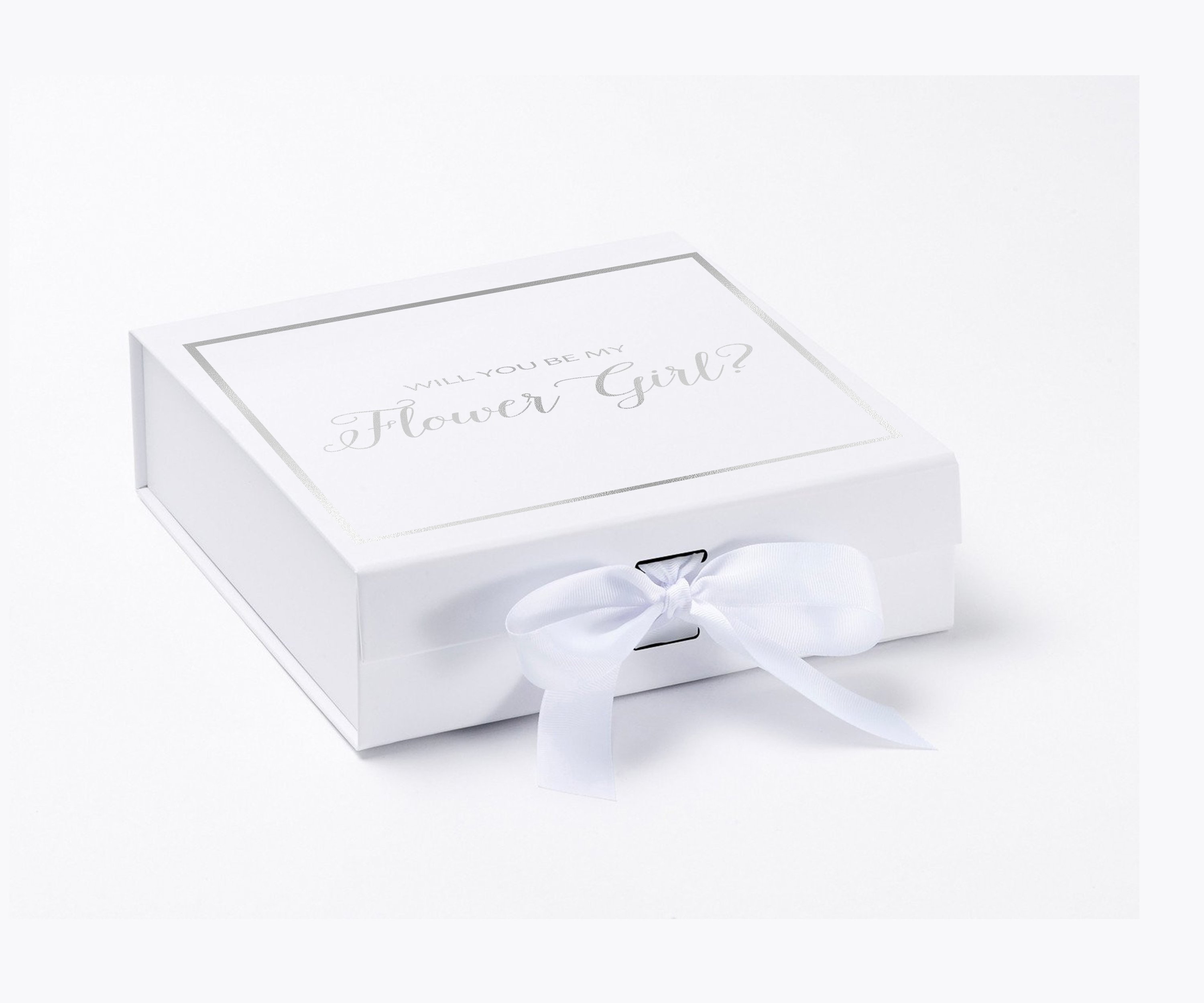 Elegant white proposal box with metallic writing and a bow, perfect for asking a flower girl.