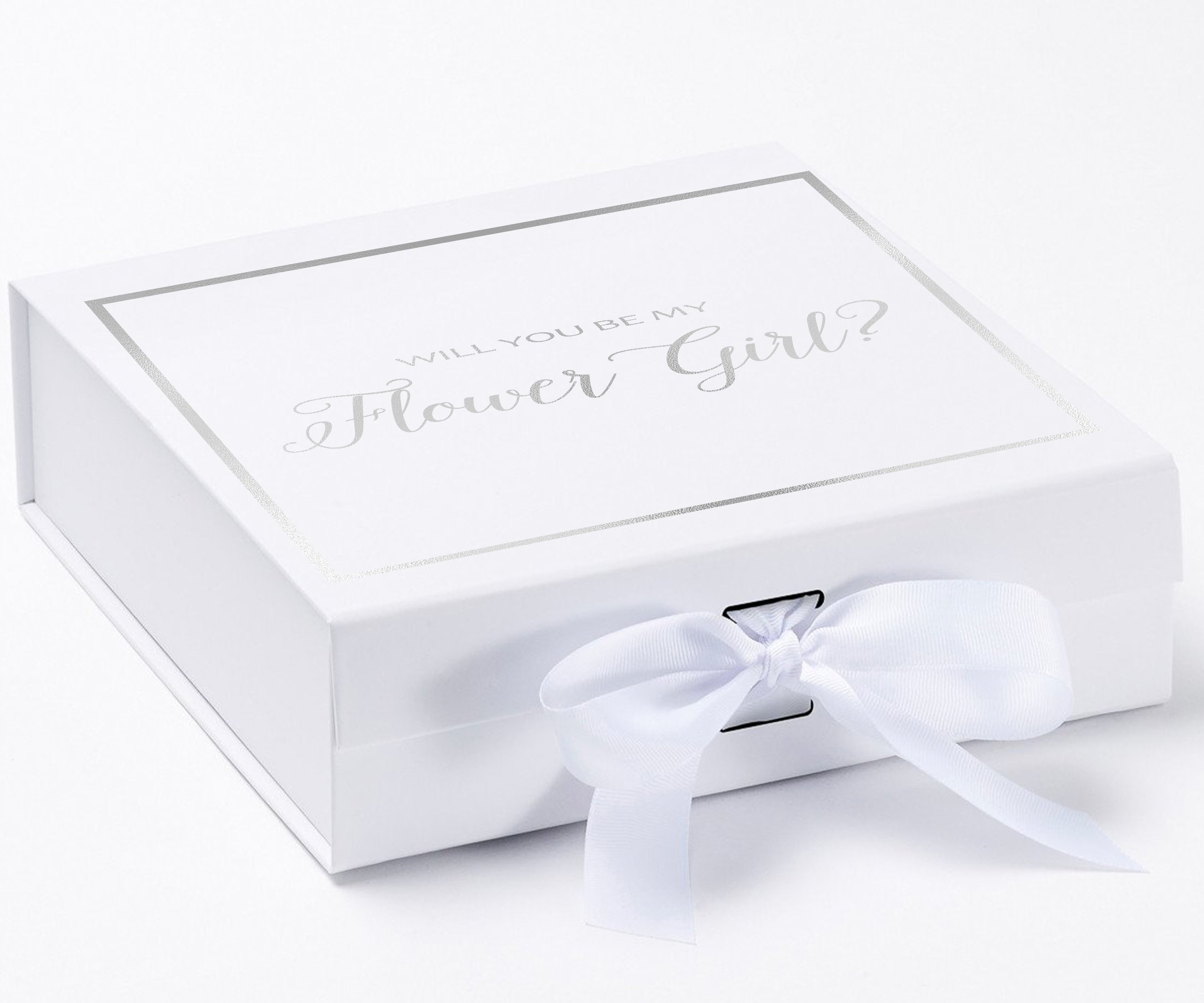 Elegant white proposal box with metallic writing and a bow, perfect for asking a flower girl.