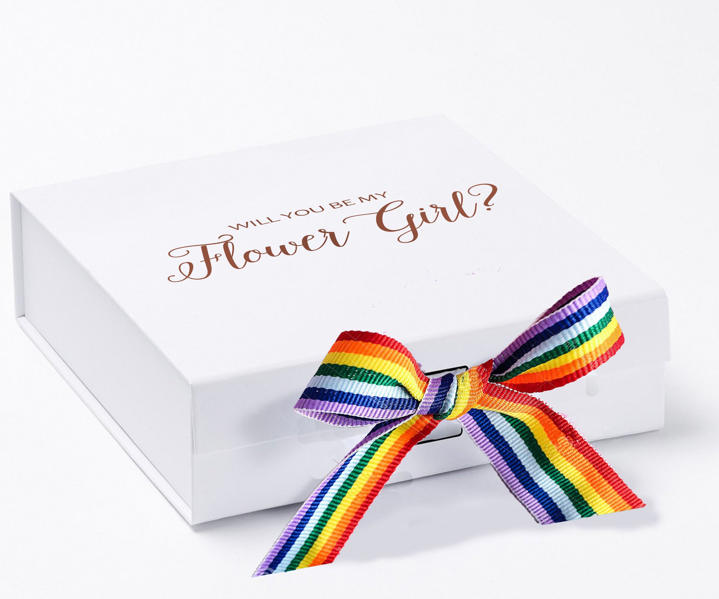 Elegant white proposal box with metallic writing and rainbow bow, perfect for asking a flower girl.