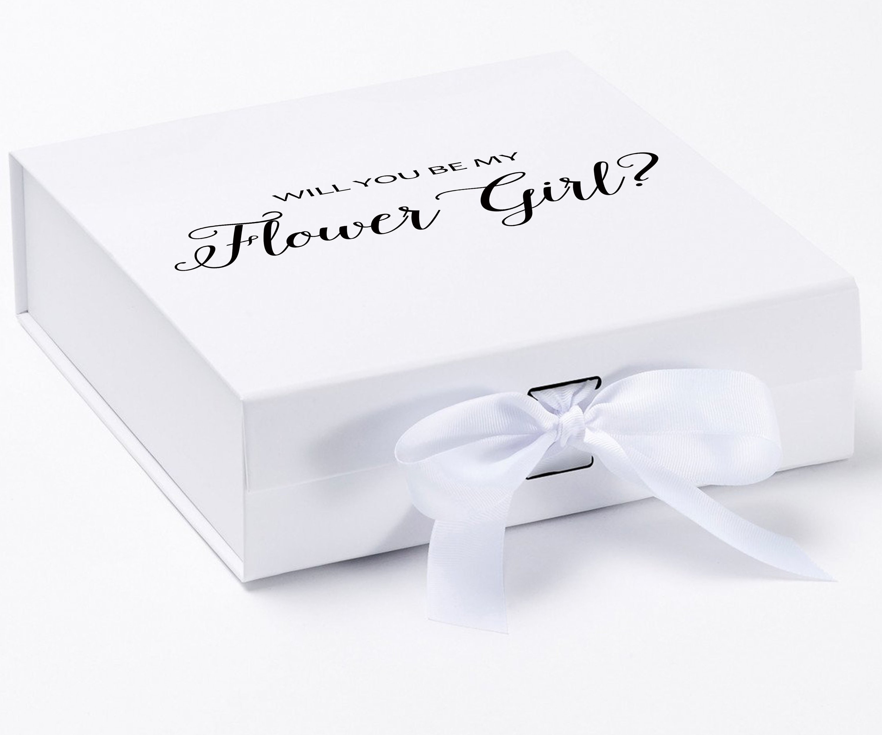 Elegant white proposal box with metallic writing and a white bow, designed for asking a flower girl.