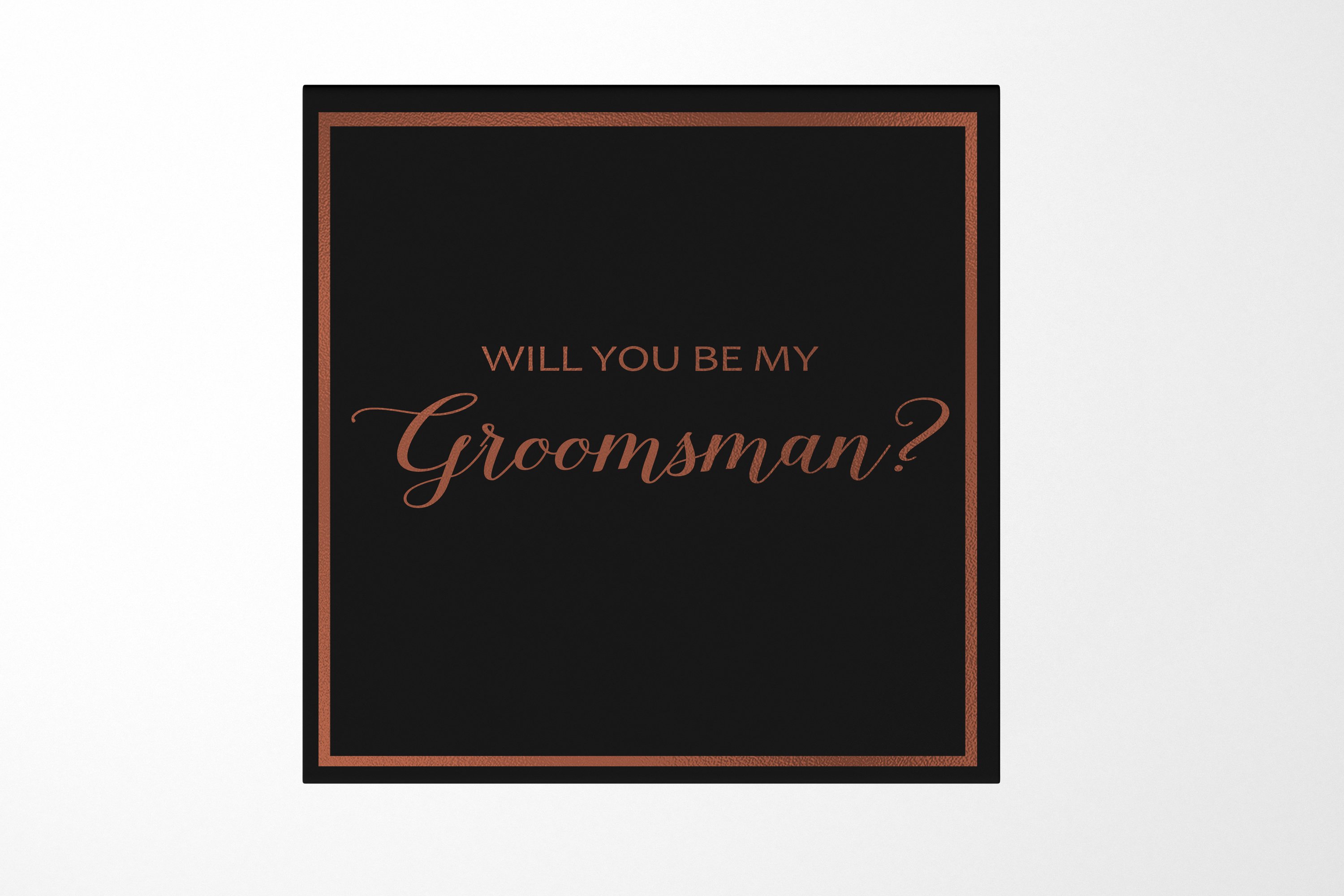 Elegant black groomsman proposal box with metallic writing on the lid, showcasing a sleek design without ribbon.