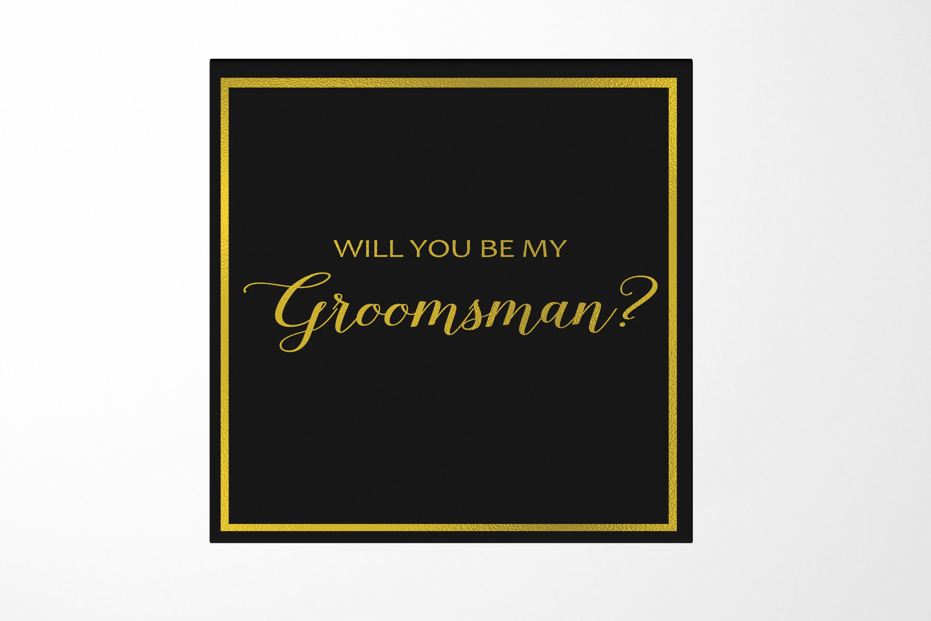 Elegant black groomsman proposal box with metallic writing on the lid, showcasing a sleek design without ribbon.