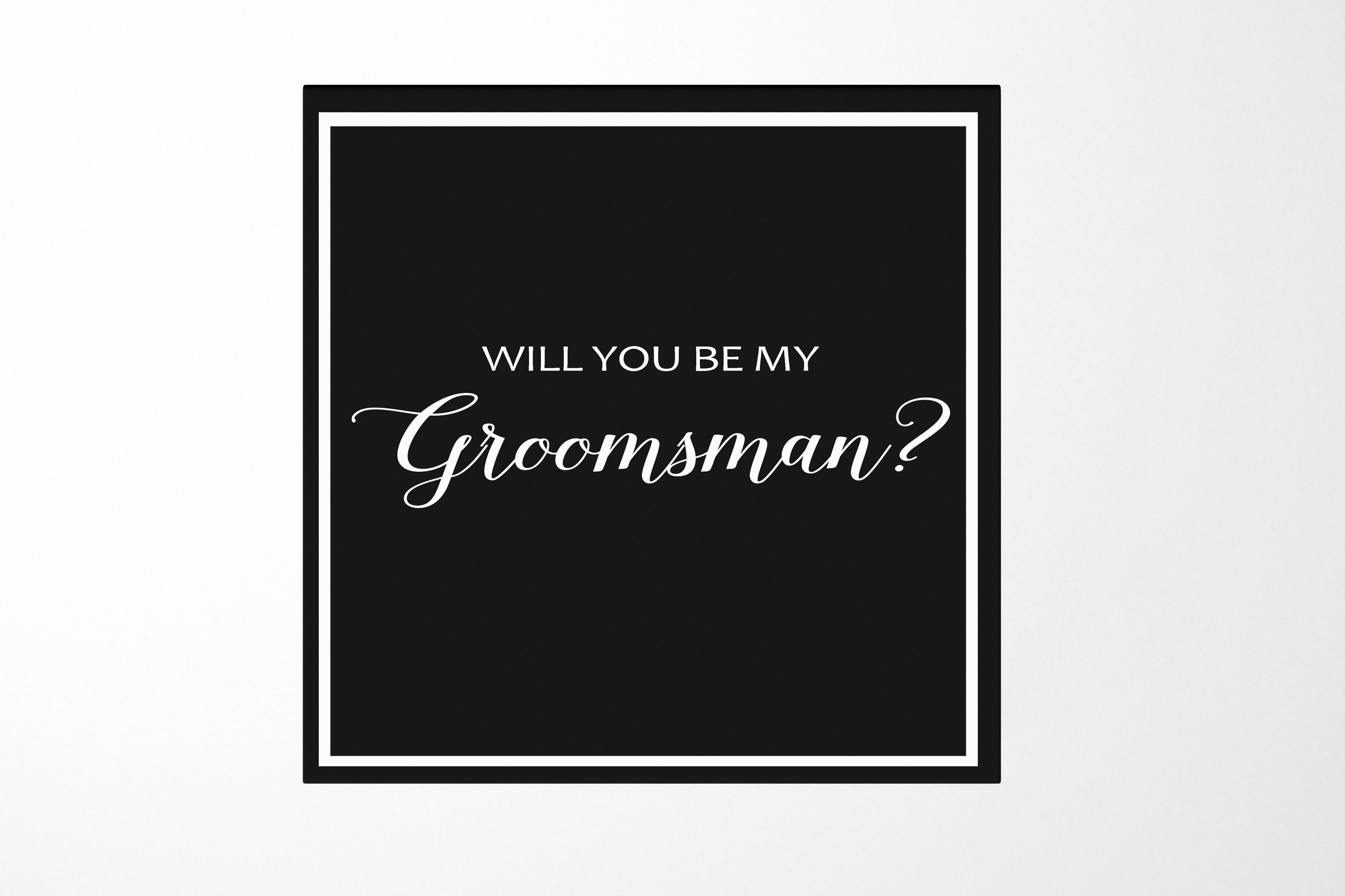 Elegant black groomsman proposal box with metallic writing on the lid, showcasing a sleek design without ribbon.