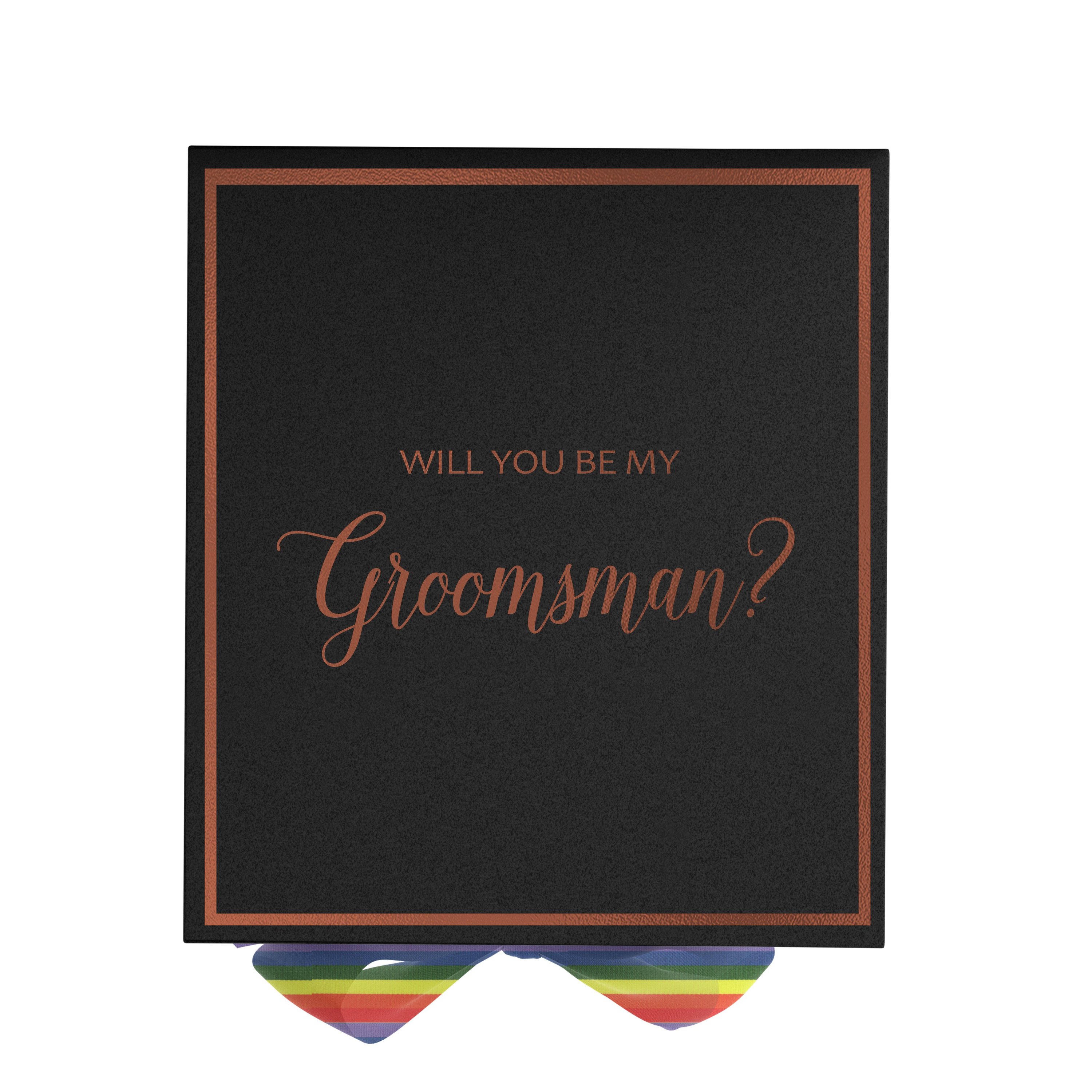 Elegant black groomsman proposal box with rainbow bow and metallic writing on the lid, showcasing its luxurious design.