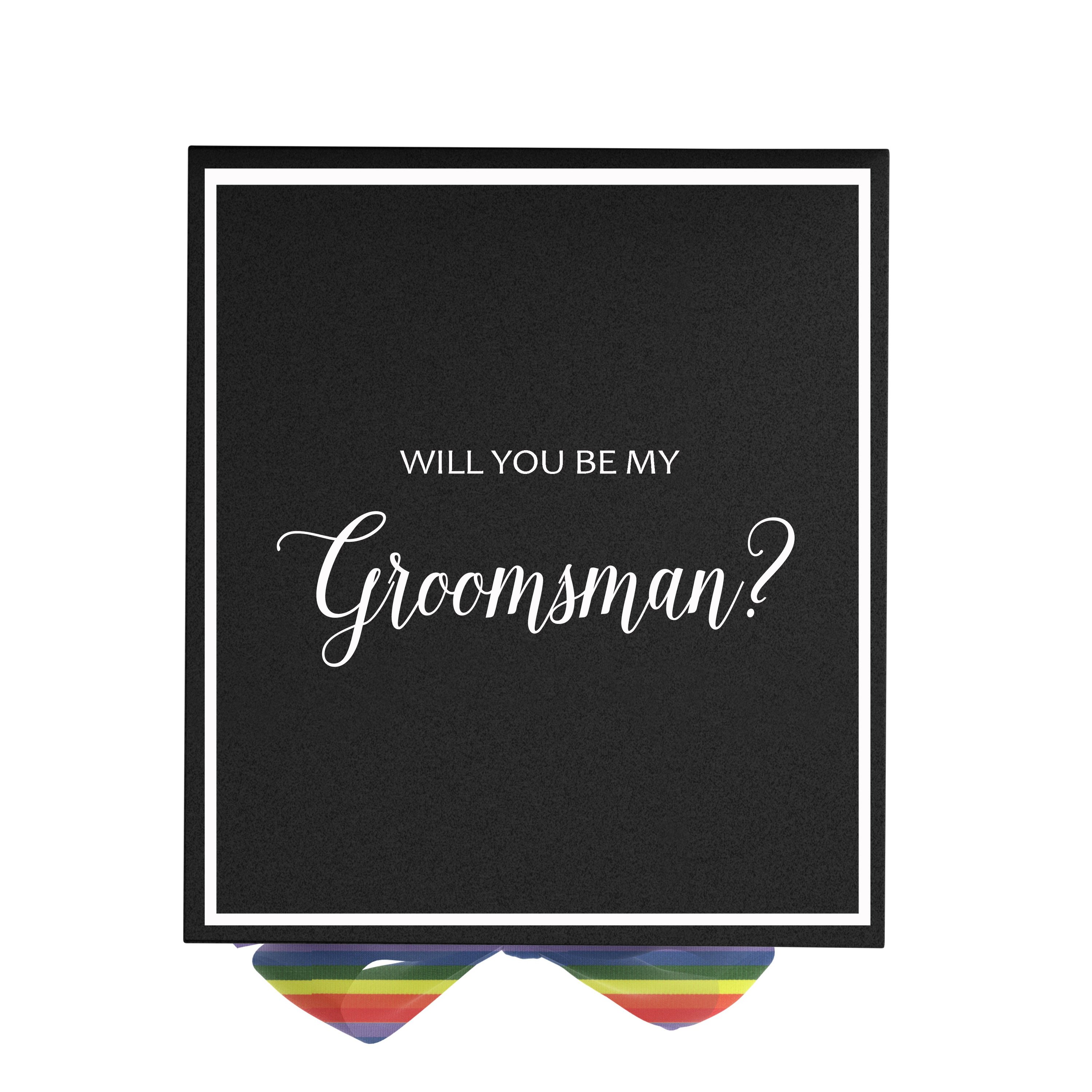 Elegant black groomsman proposal box with rainbow bow and metallic writing on the lid, showcasing its luxurious design.