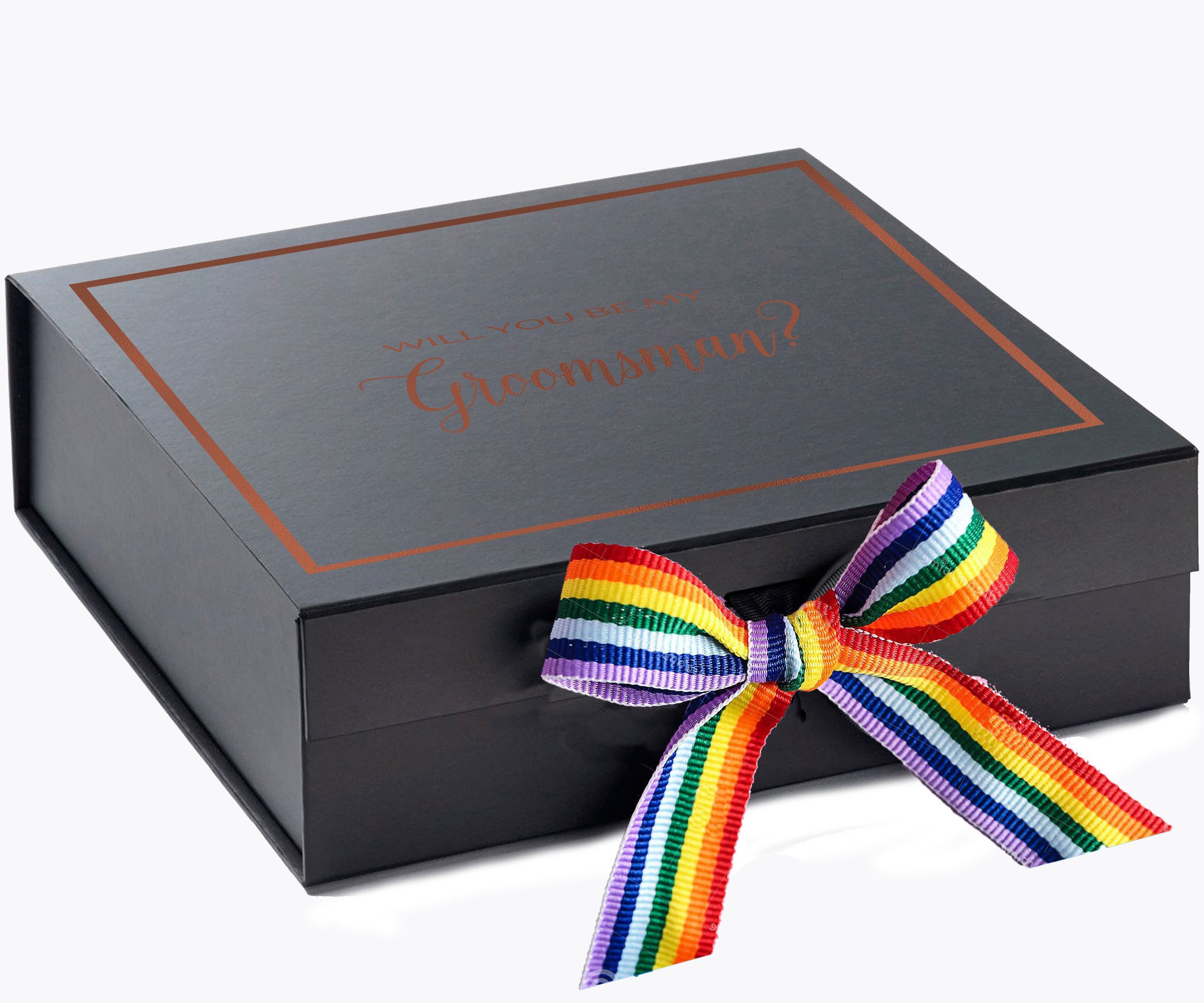 Elegant black groomsman proposal box with rainbow bow and metallic writing on the lid, showcasing its luxurious design.