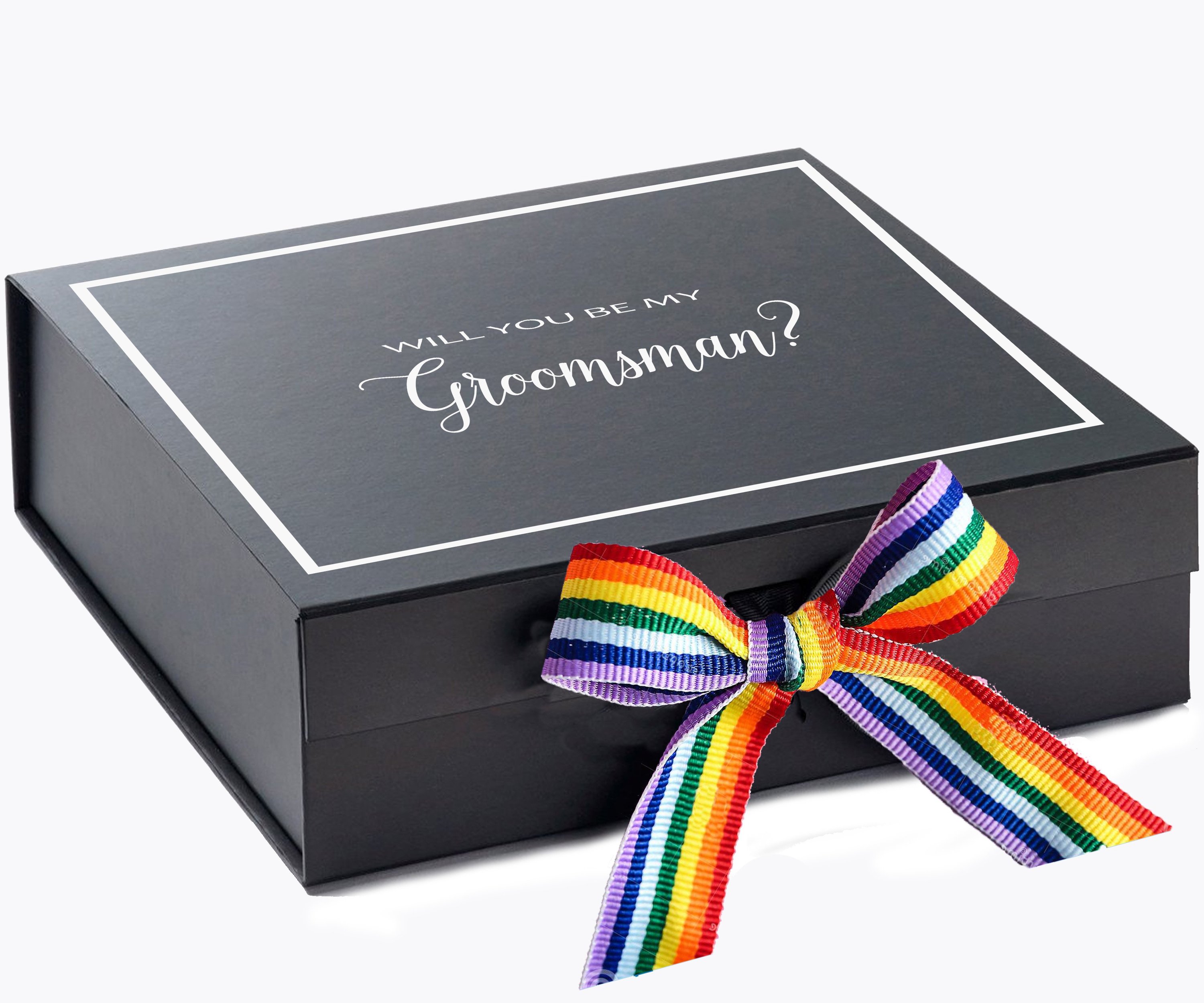 Elegant black groomsman proposal box with rainbow bow and metallic writing on the lid, showcasing its luxurious design.