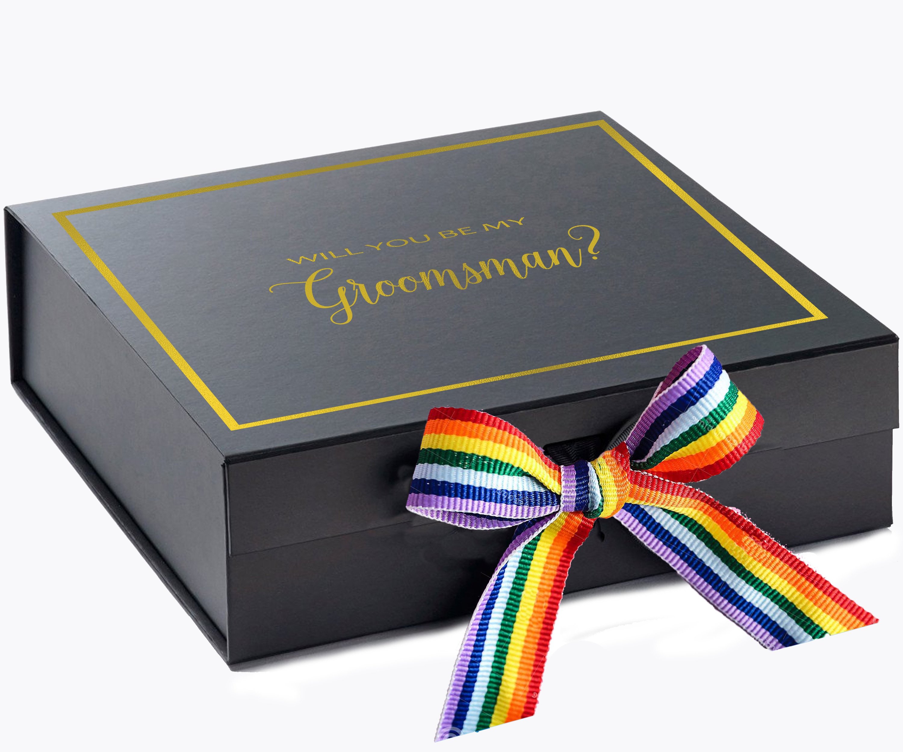 Elegant black groomsman proposal box with rainbow bow and metallic writing on the lid, showcasing its luxurious design.