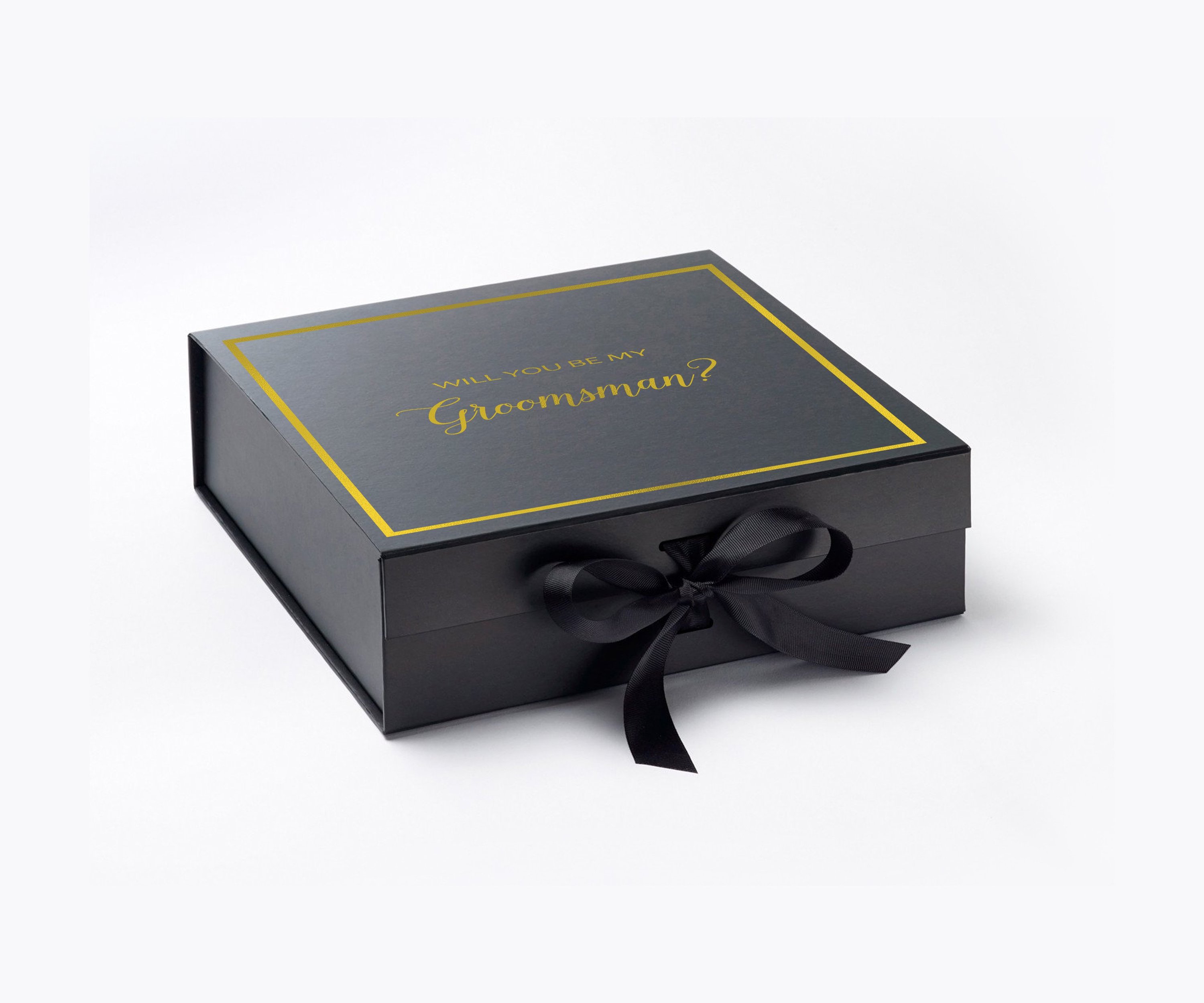 Elegant black groomsman proposal box with metallic writing and a black bow, showcasing its luxurious design.