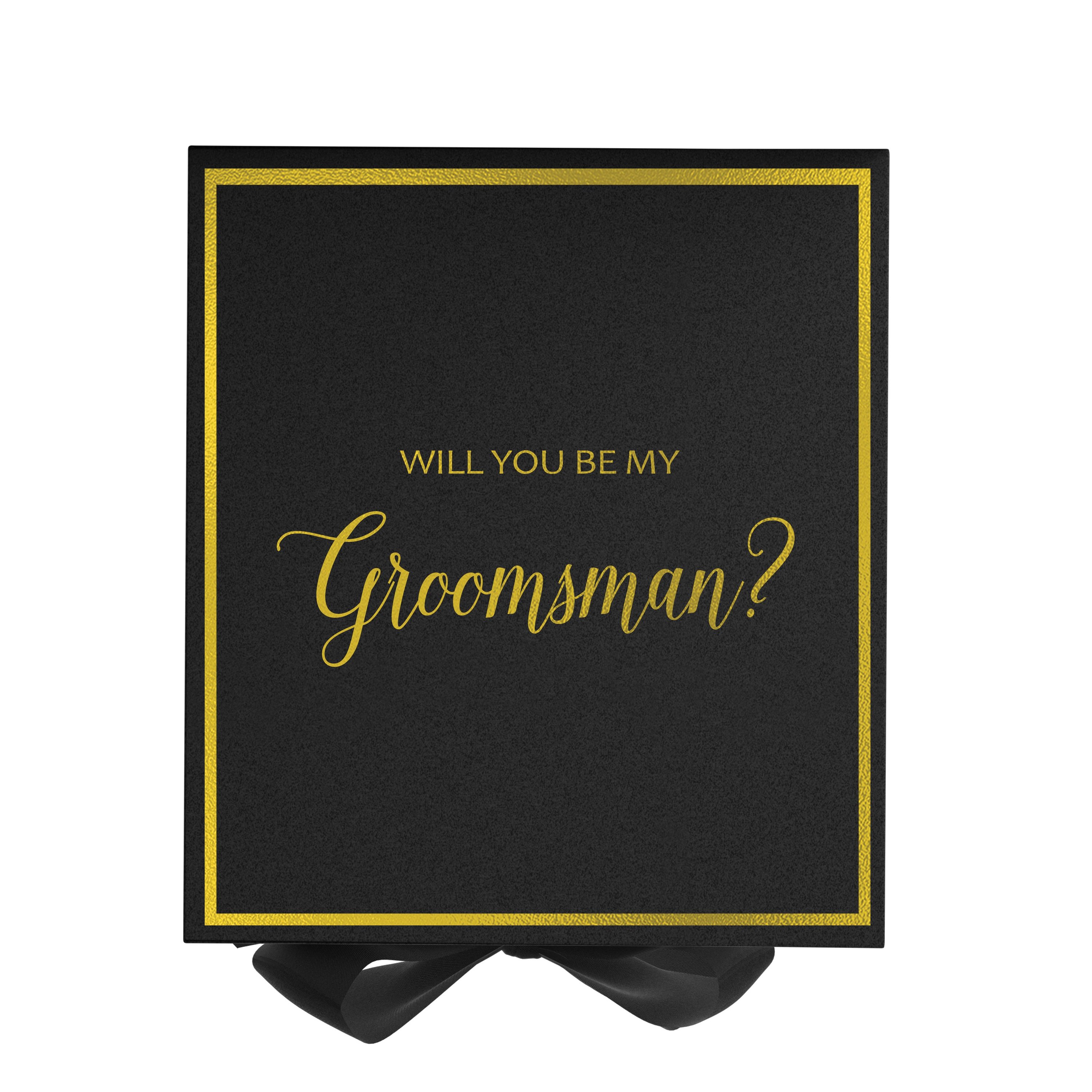 Elegant black groomsman proposal box with metallic writing and a black bow, showcasing its luxurious design.