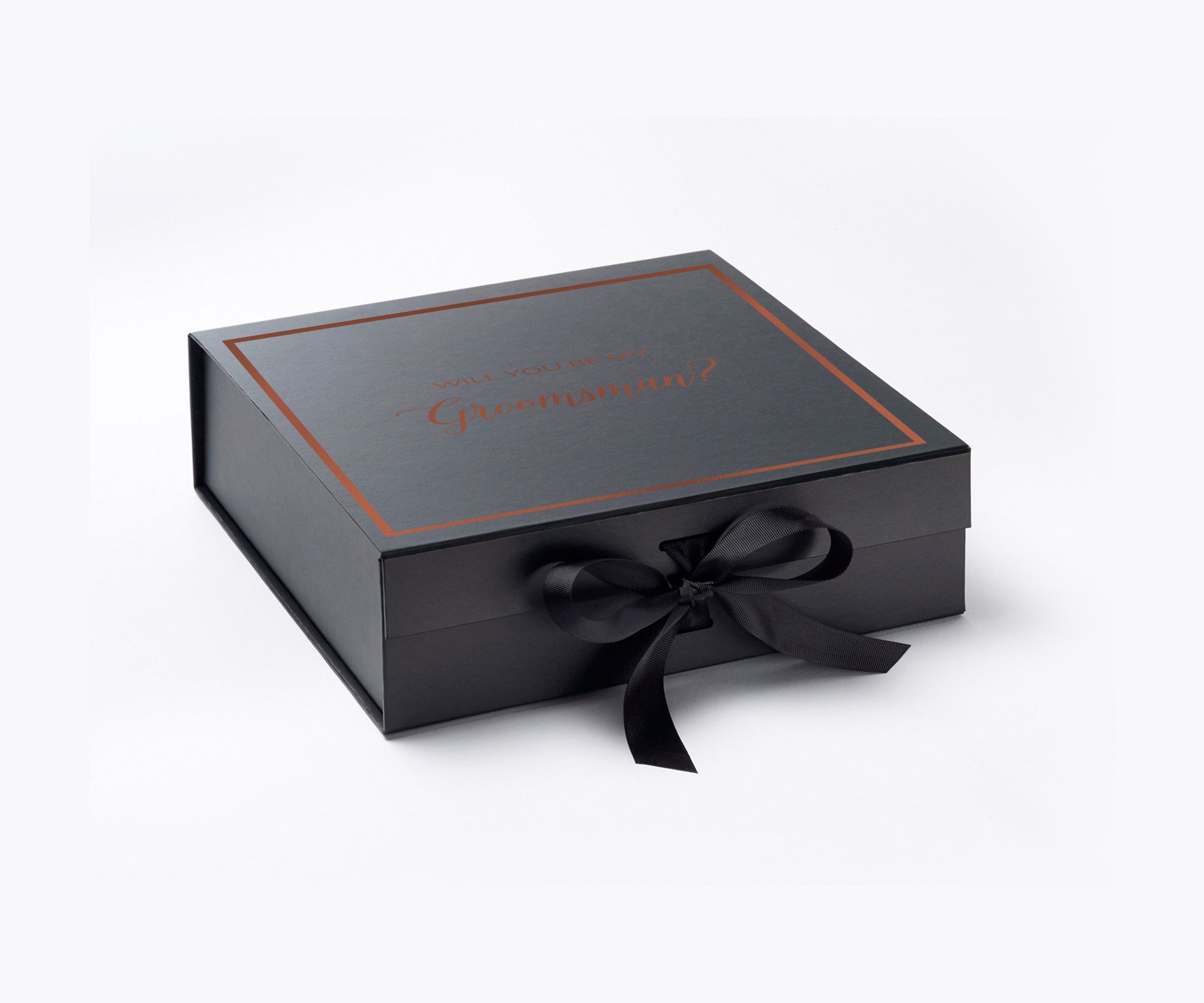 Elegant black groomsman proposal box with metallic writing and a black bow, showcasing its luxurious design.