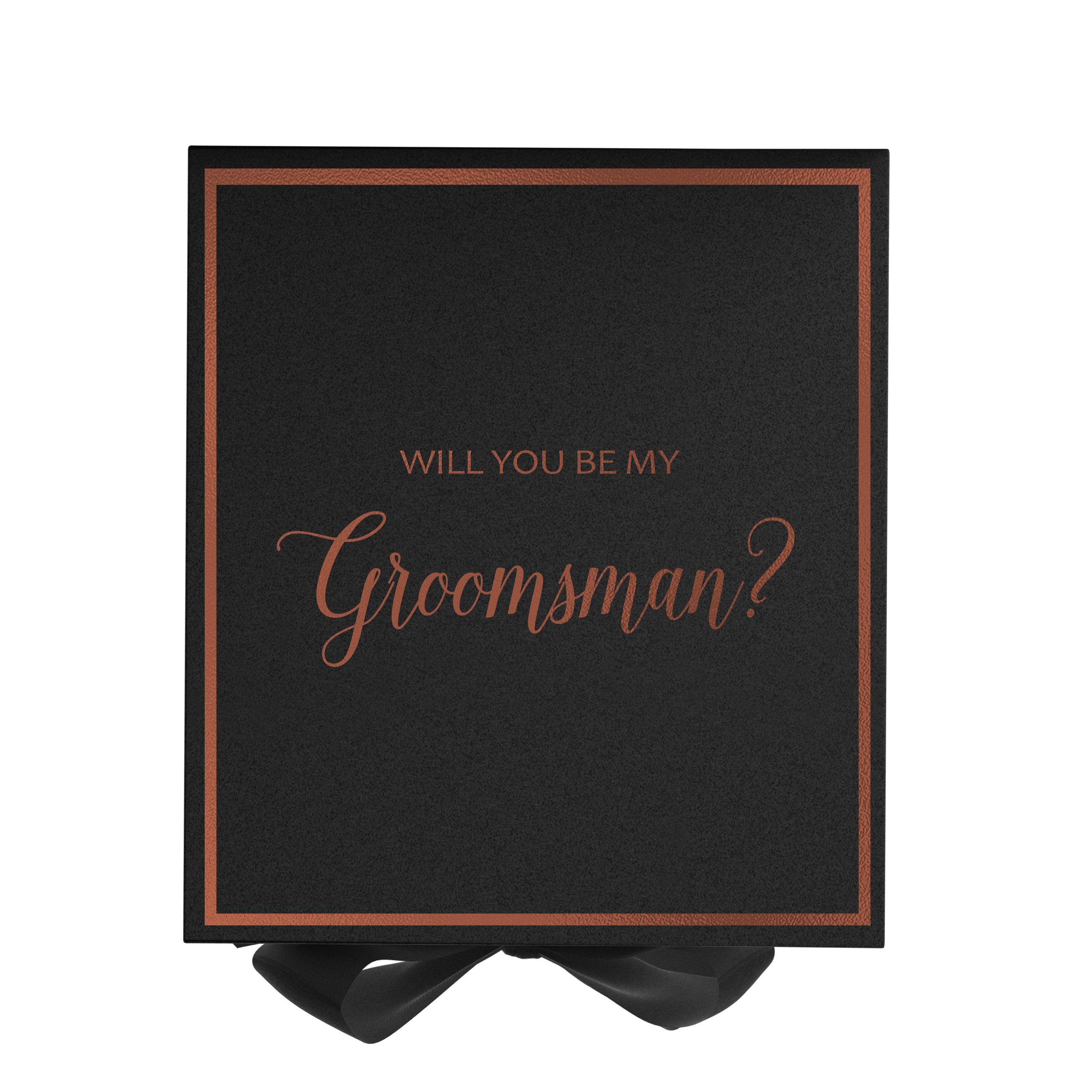 Elegant black groomsman proposal box with metallic writing and a black bow, showcasing its luxurious design.