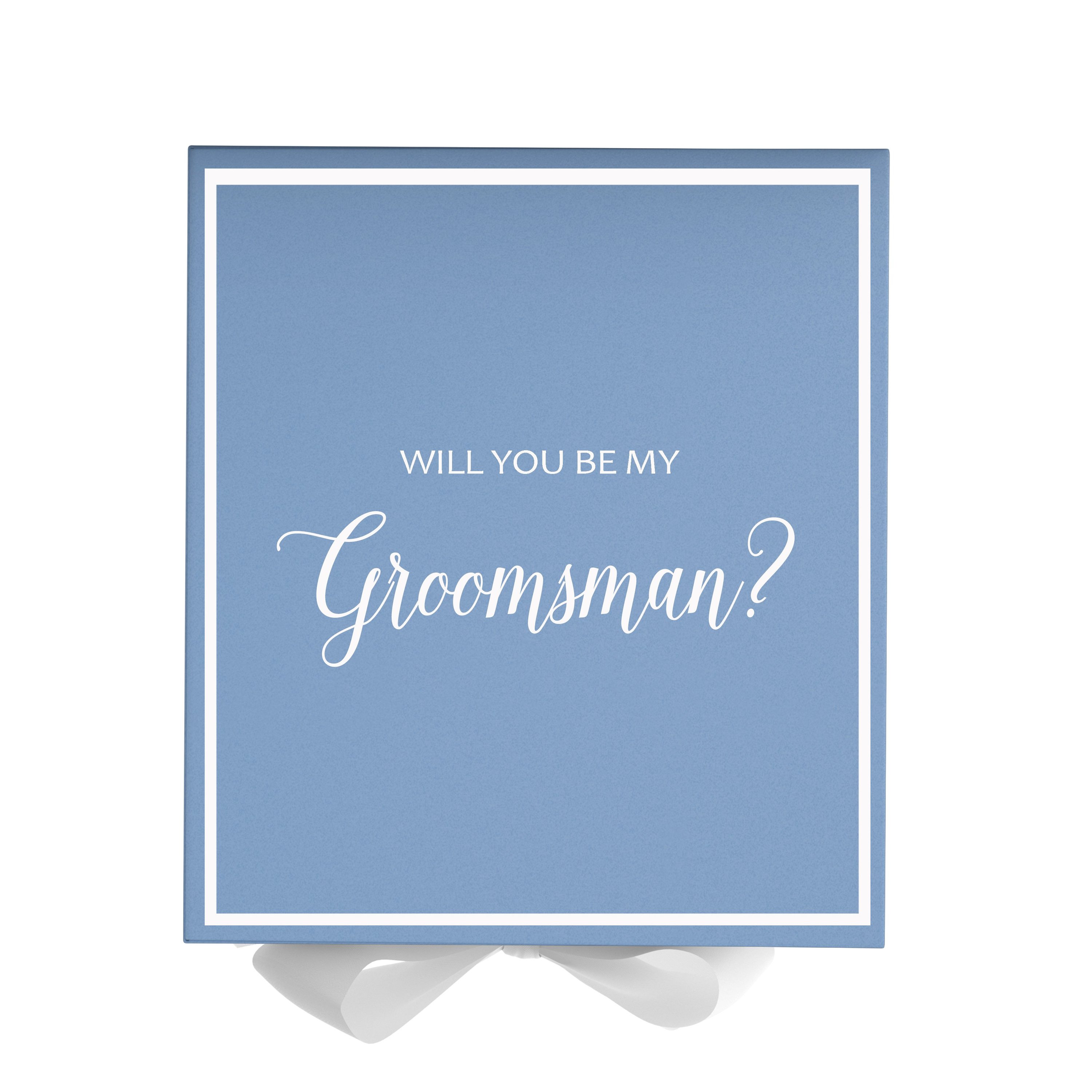 Light blue groomsman proposal box with white bow and metallic writing on the lid, showcasing its elegant design.