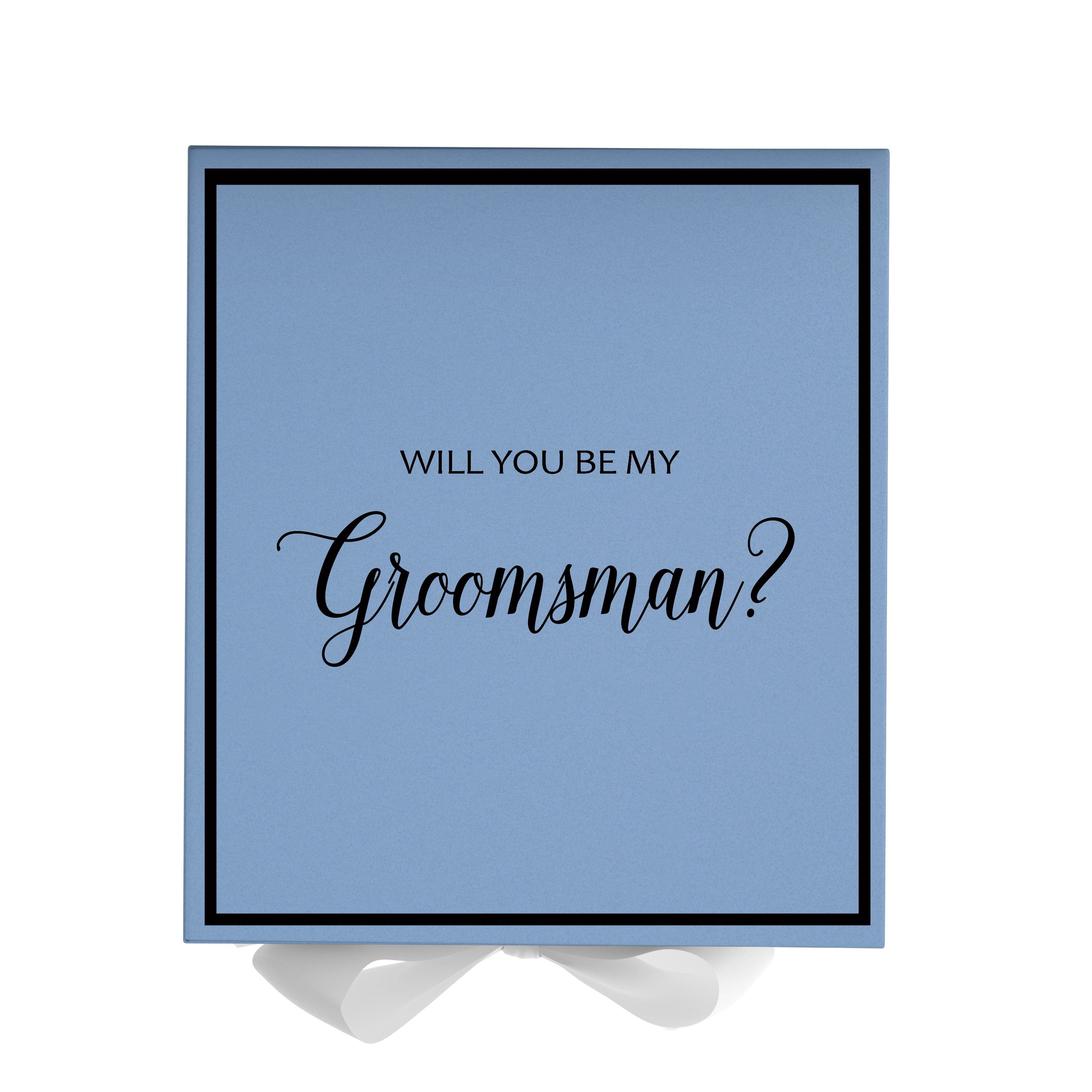 Light blue groomsman proposal box with white bow and metallic writing on the lid, showcasing its elegant design.
