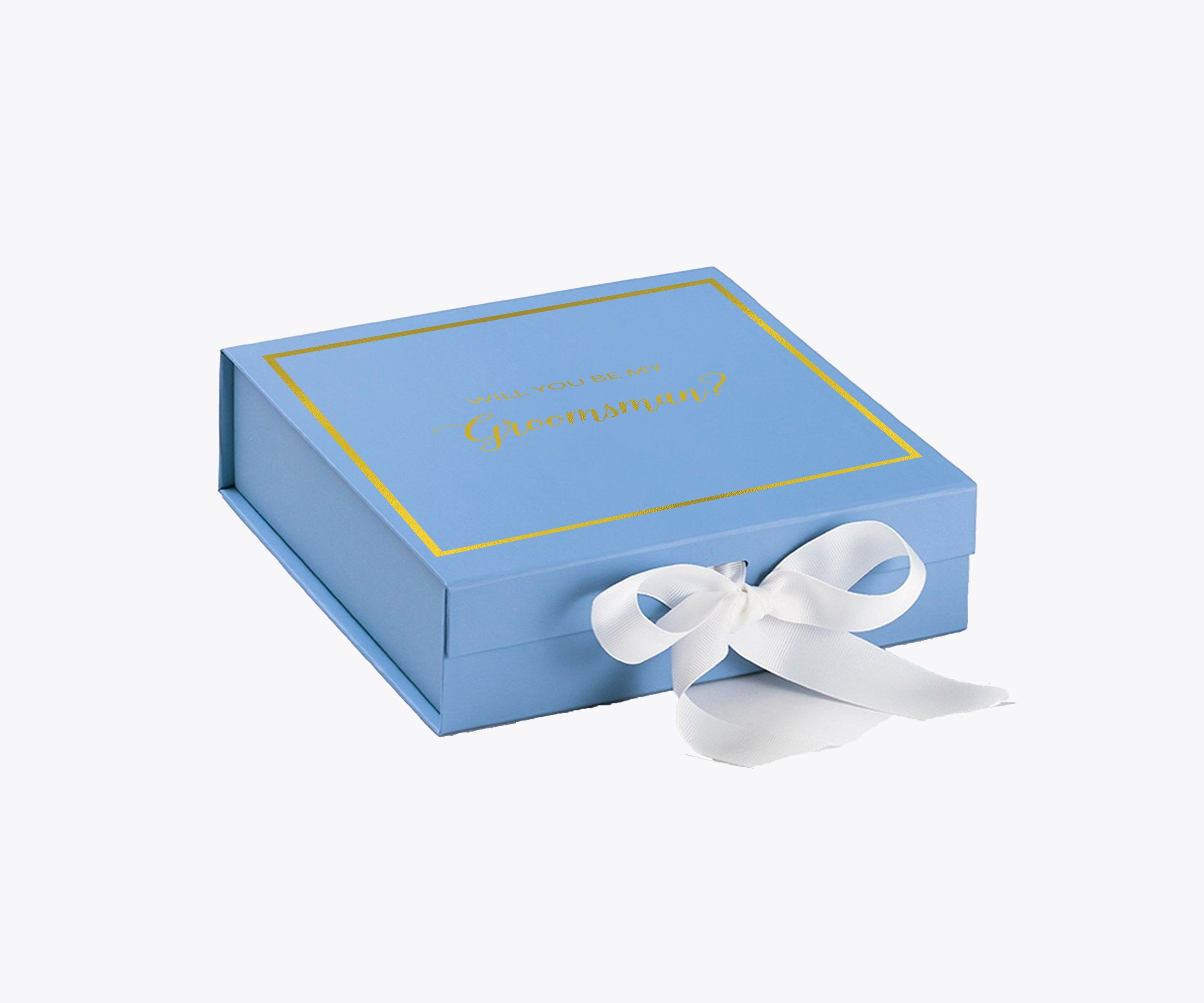 Light blue groomsman proposal box with white bow and metallic writing on the lid, showcasing its elegant design.