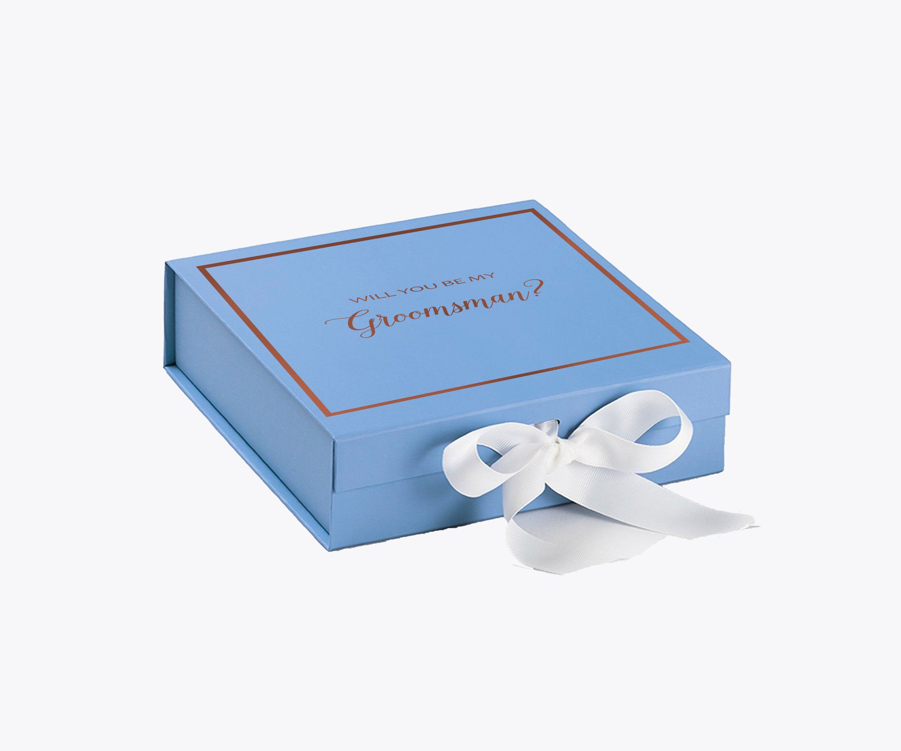 Light blue groomsman proposal box with white bow and metallic writing on the lid, showcasing its elegant design.