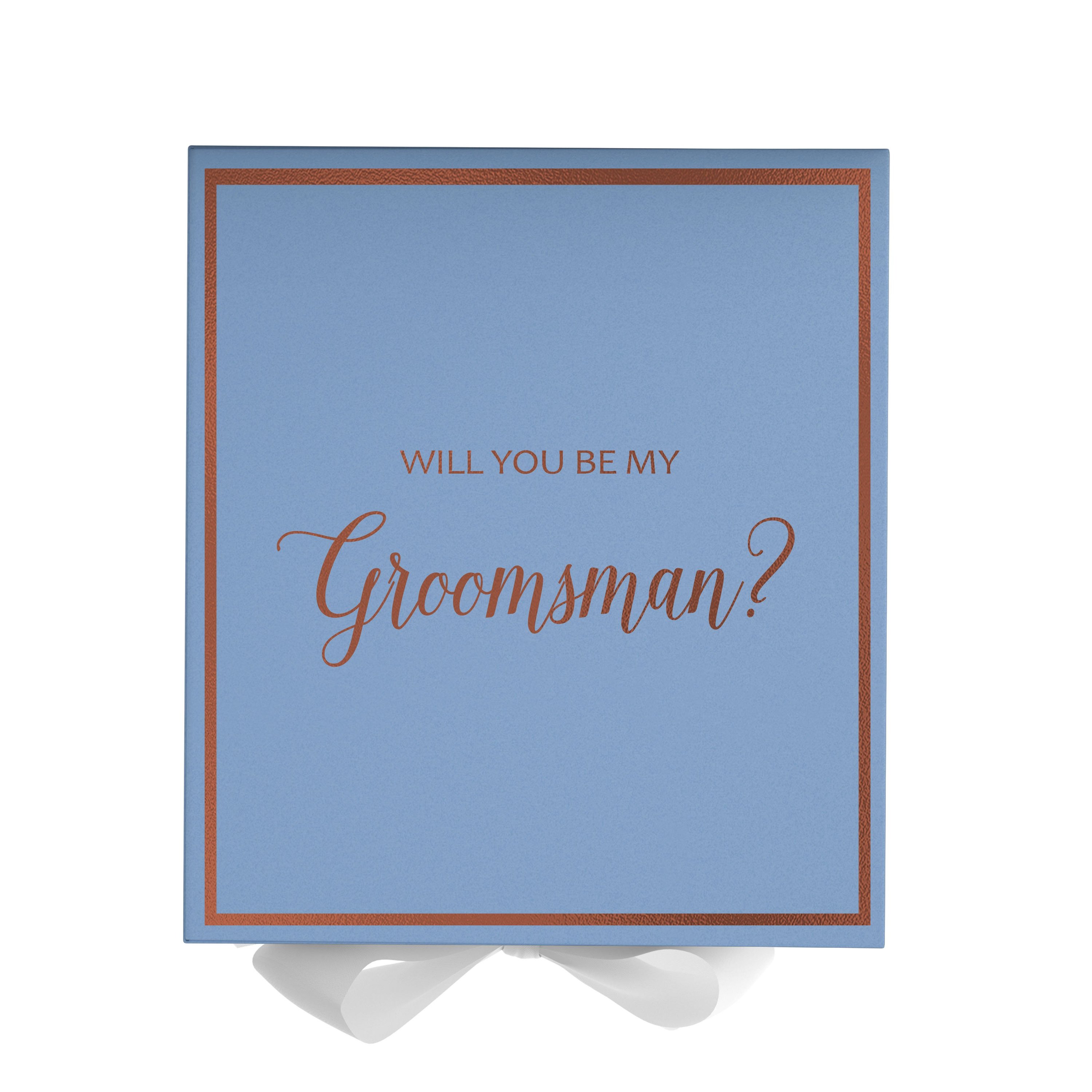 Light blue groomsman proposal box with white bow and metallic writing on the lid, showcasing its elegant design.
