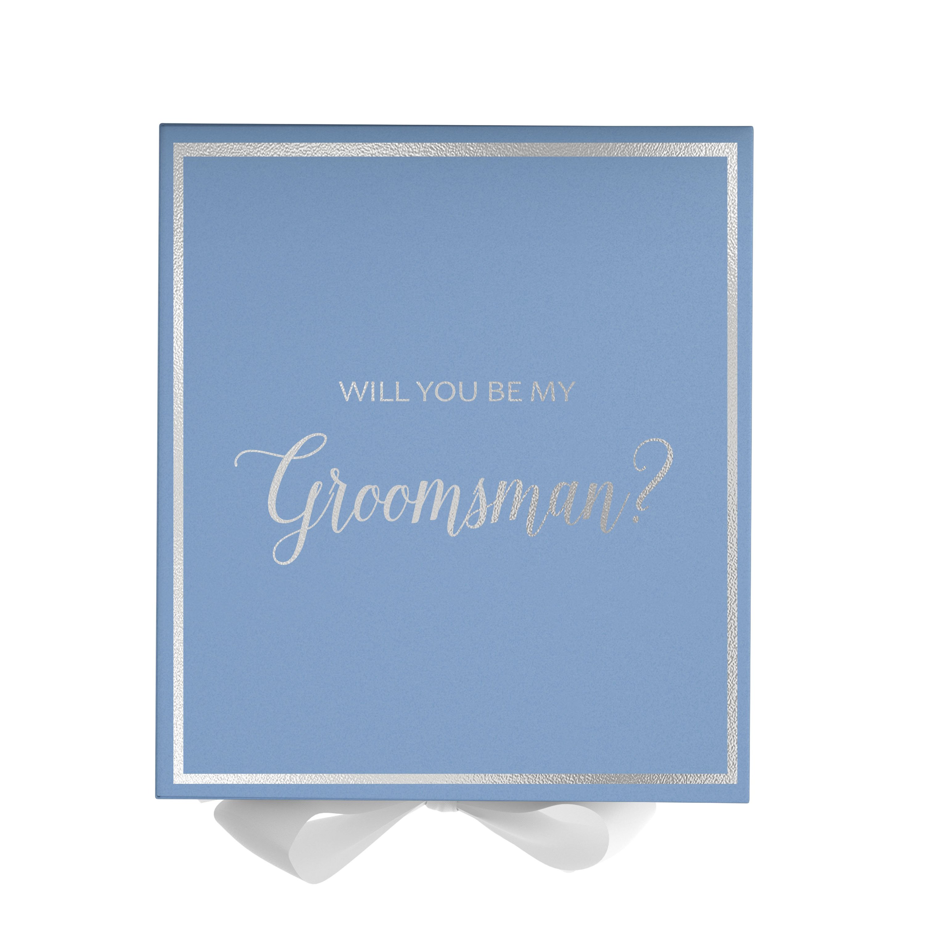 Light blue groomsman proposal box with white bow and metallic writing on the lid, showcasing its elegant design.