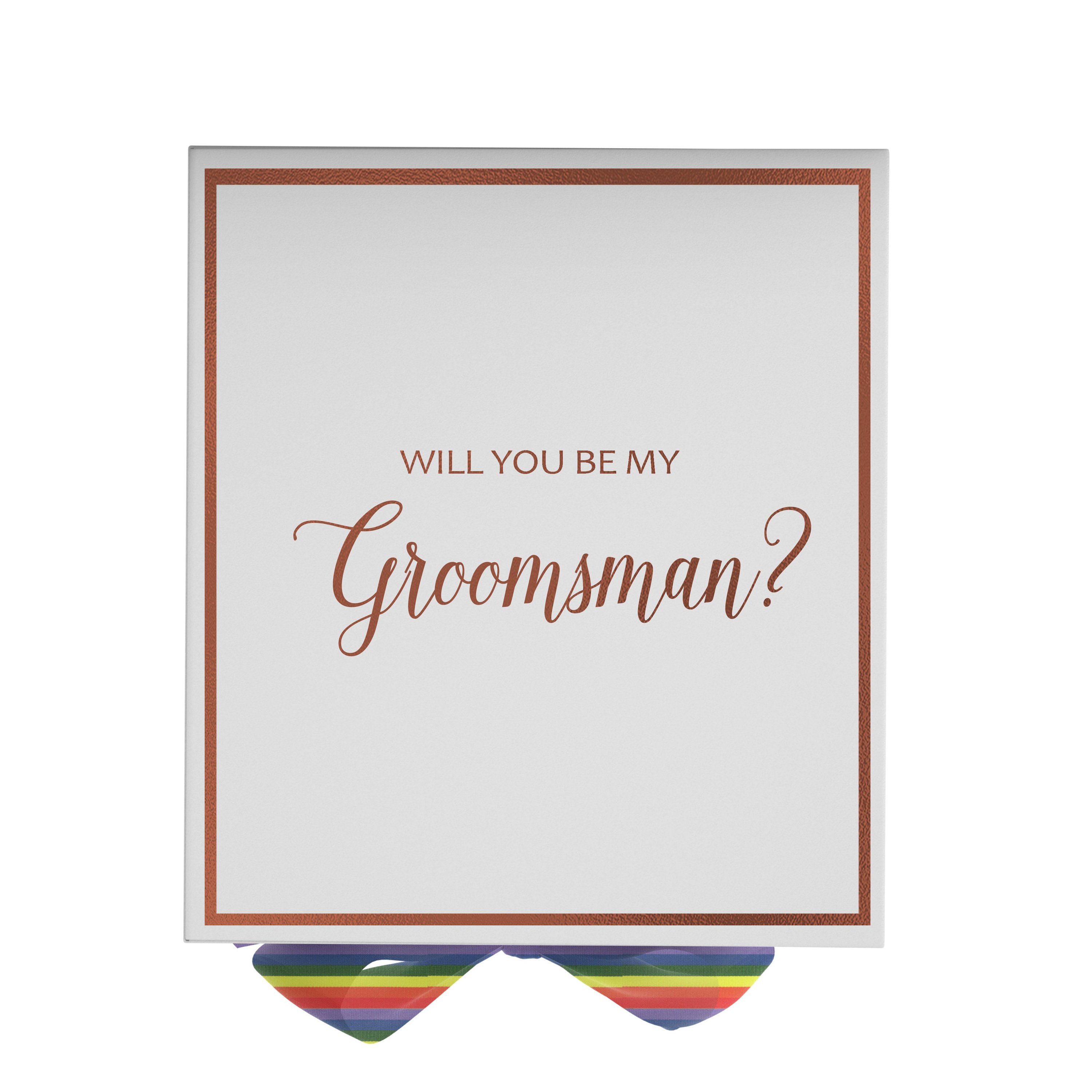 Elegant white groomsman proposal box with metallic writing and rainbow bow, showcasing its luxurious design.